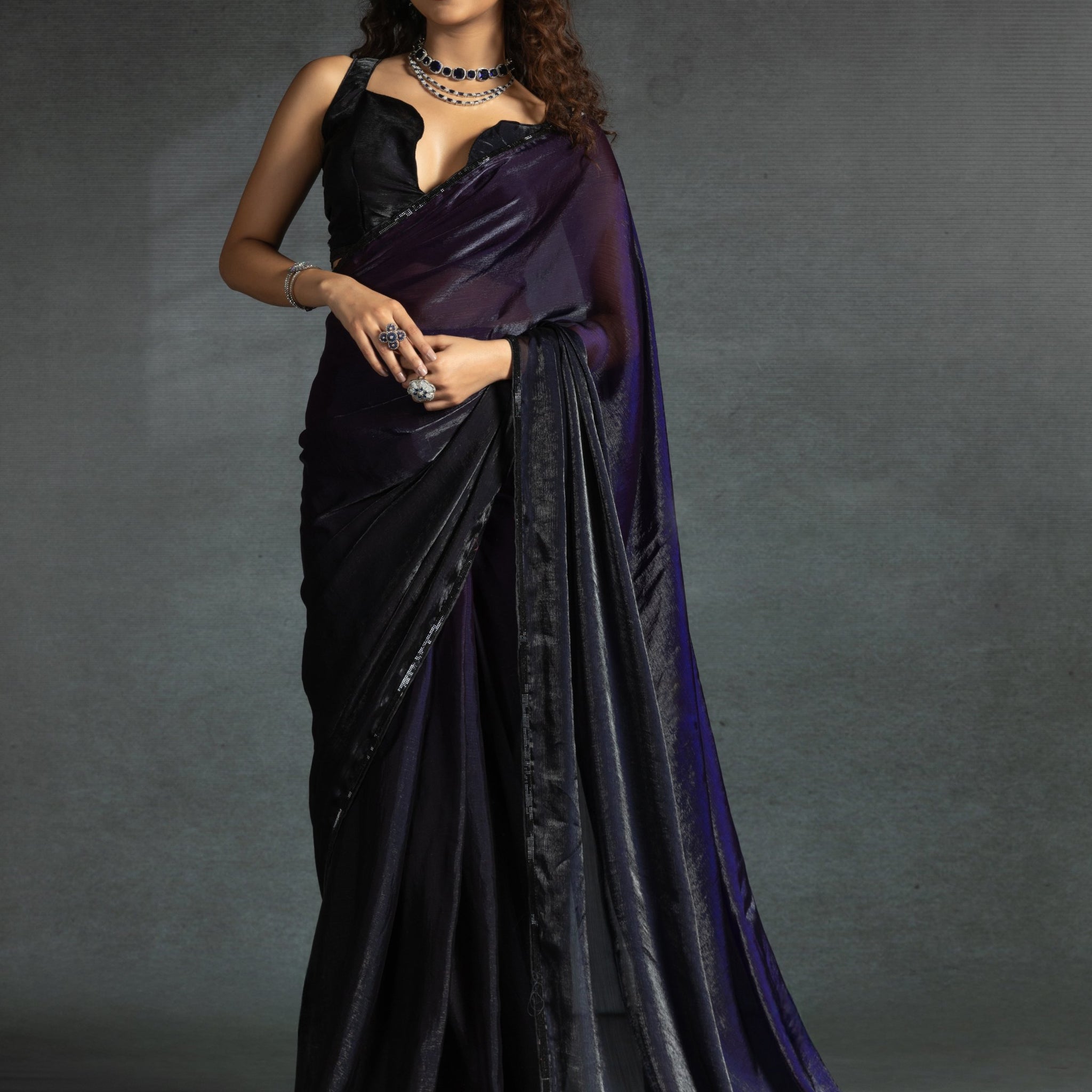 Stunning Purple Satin Party Wear Pre-Stitched Saree With Blouse