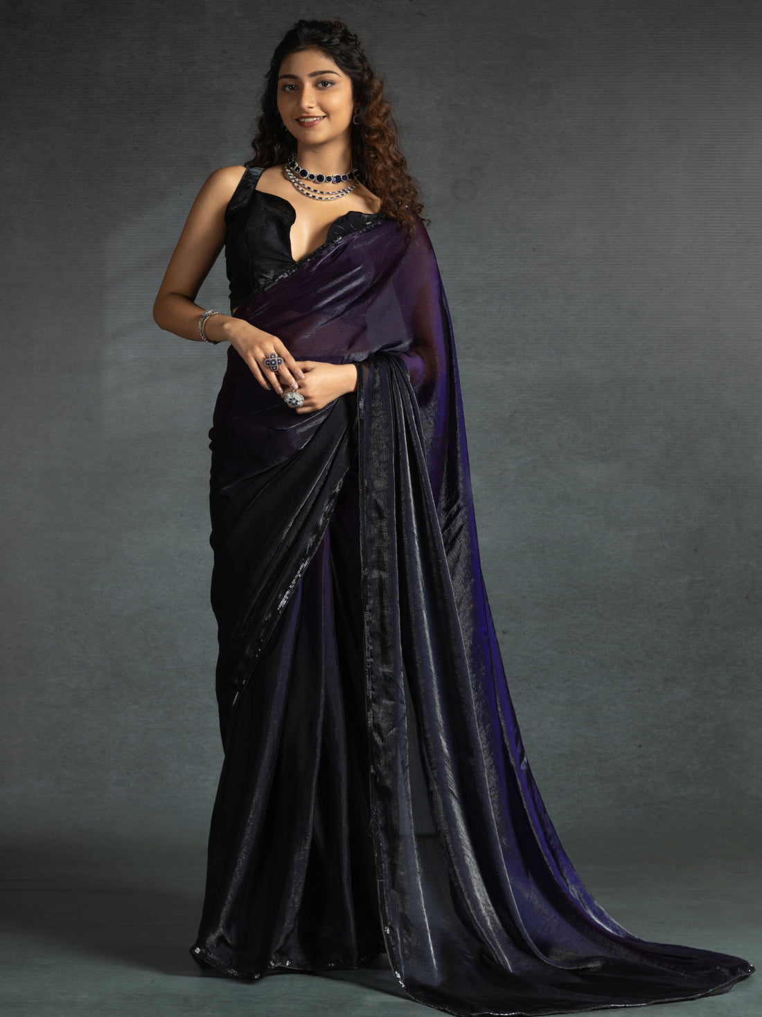 Stunning Purple Satin Party Wear Pre-Stitched Saree With Blouse