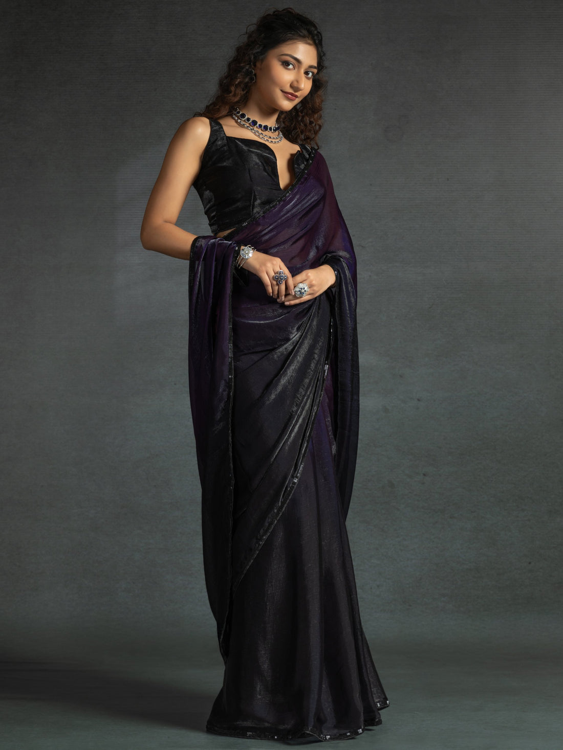 Stunning Purple Satin Party Wear Pre-Stitched Saree With Blouse