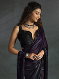 Stunning Purple Satin Party Wear Pre-Stitched Saree With Blouse