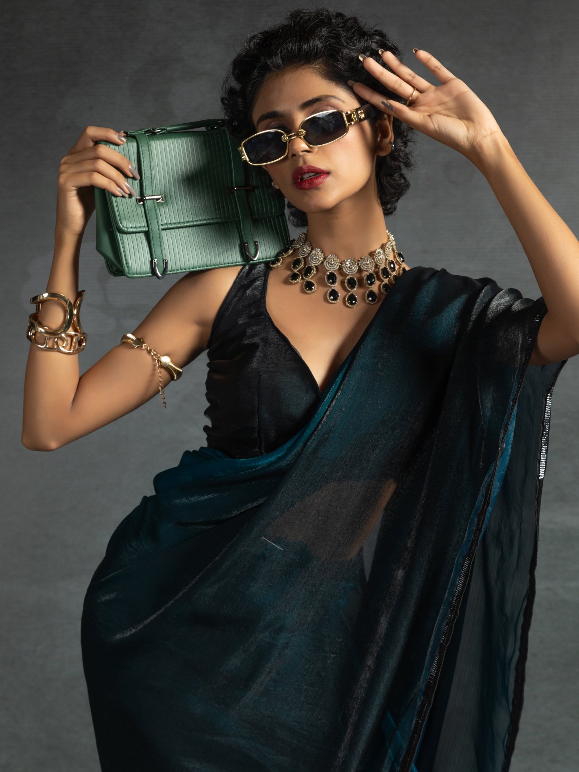 Wonderful Teal Blue Shaded Satin Pre-Stitched Saree With Blouse