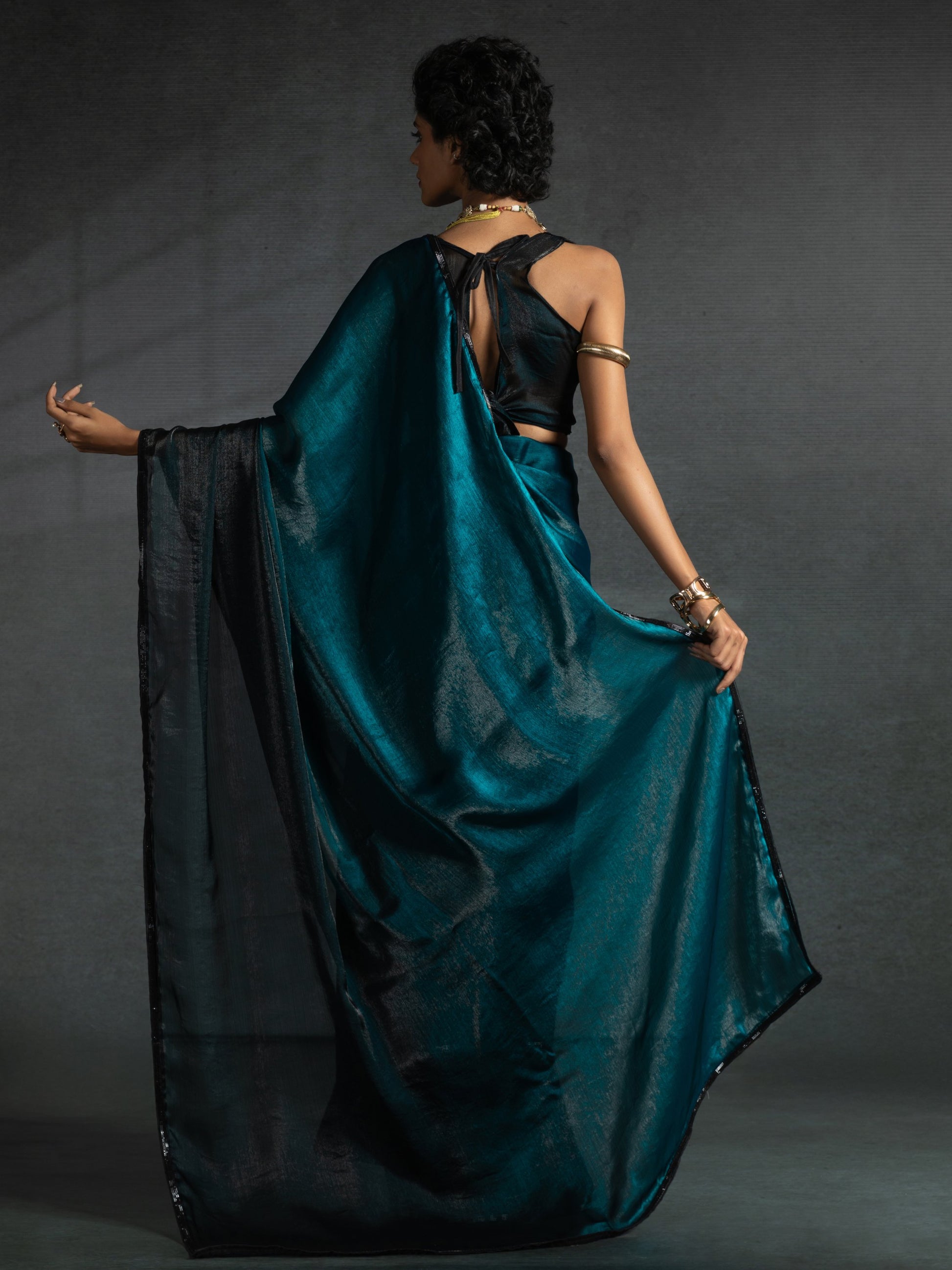 Wonderful Teal Blue Shaded Satin Pre-Stitched Saree With Blouse