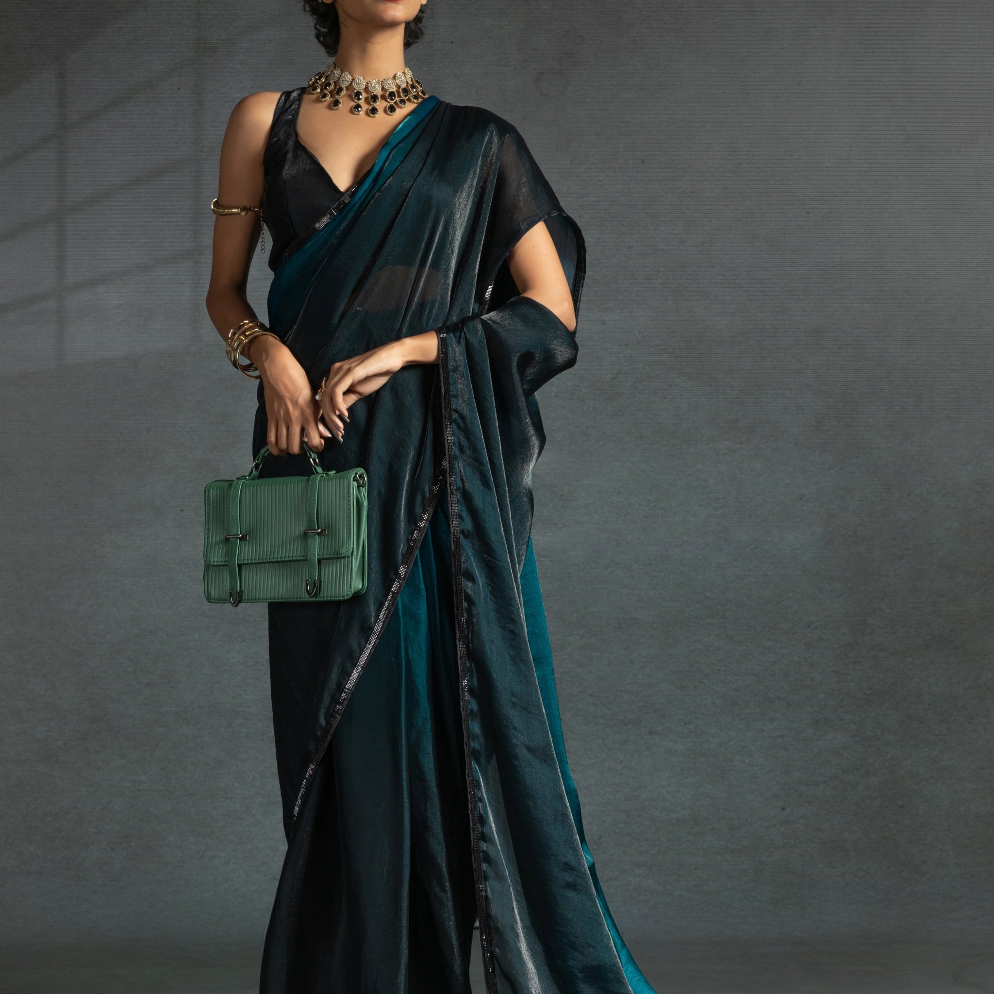 Wonderful Teal Blue Shaded Satin Pre-Stitched Saree With Blouse