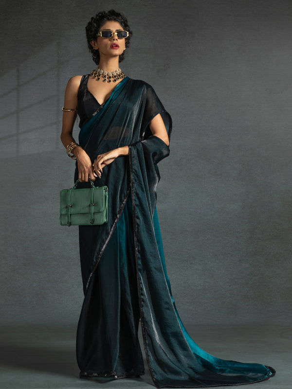 Wonderful Teal Blue Shaded Satin Pre-Stitched Saree With Blouse