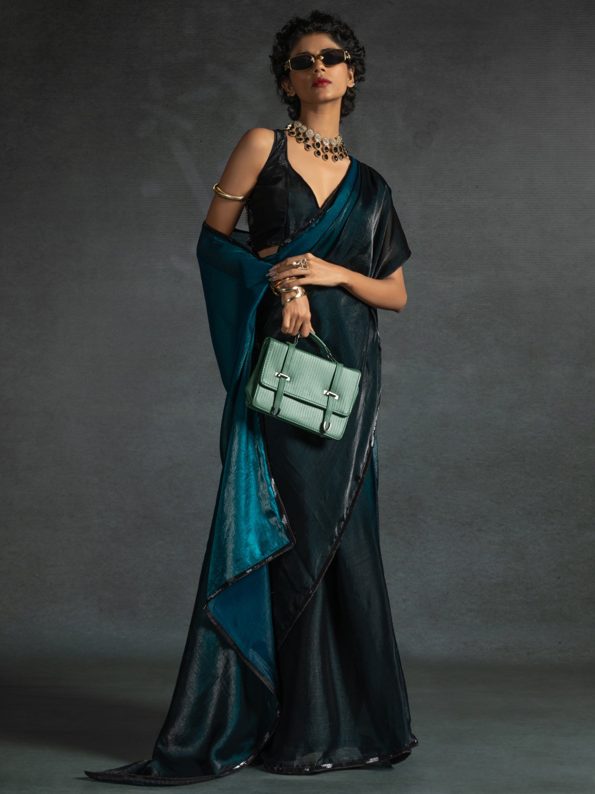 Wonderful Teal Blue Shaded Satin Pre-Stitched Saree With Blouse