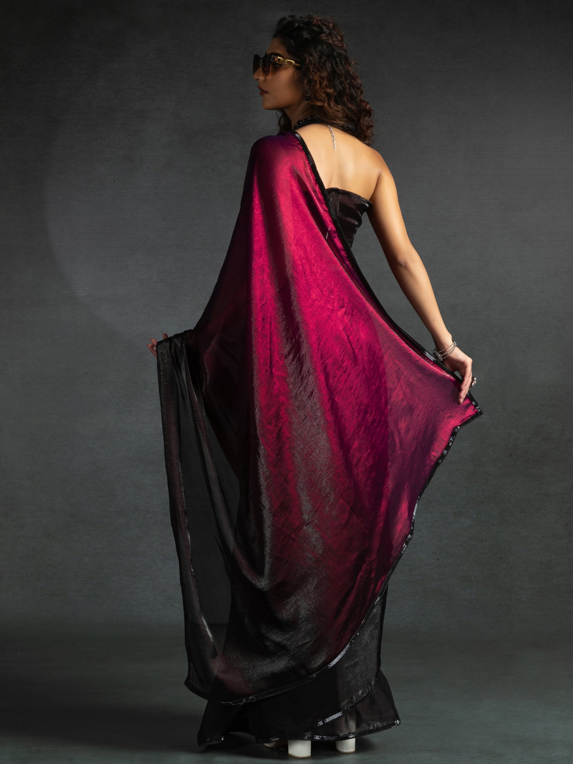 Dazzling Hot Pink Border Work Satin Festive Wear Pre-Stitched Saree