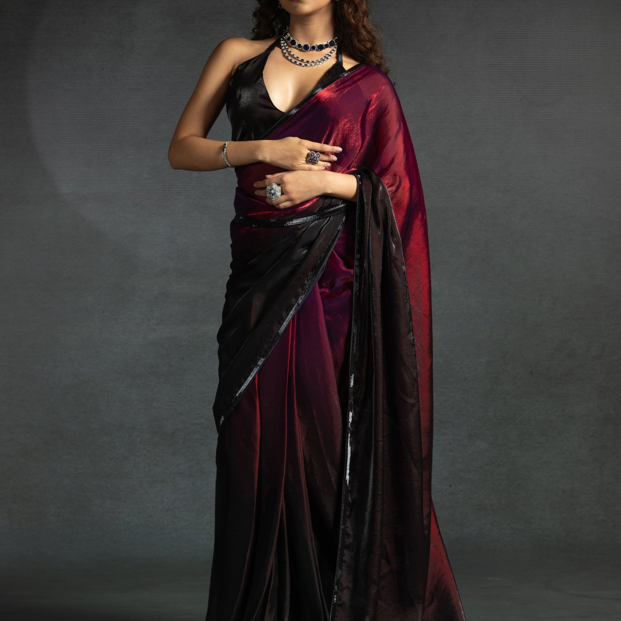 Dazzling Hot Pink Border Work Satin Festive Wear Pre-Stitched Saree