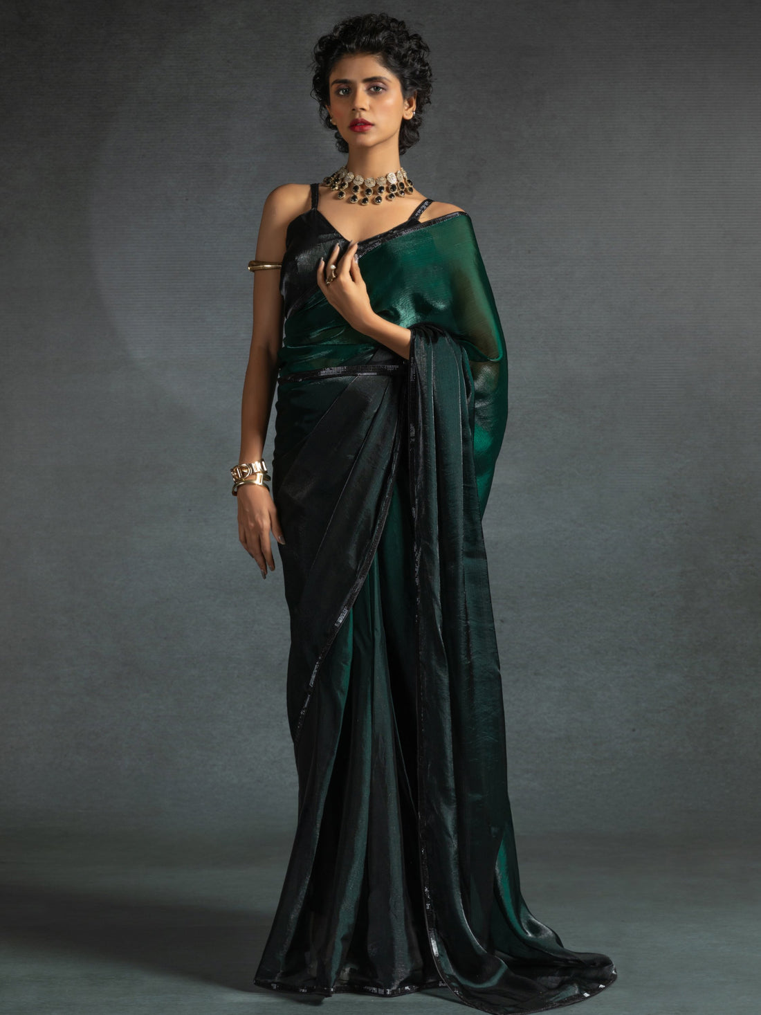 Charming Green Shaded Satin Designer Pre-Stitched Saree With Blouse