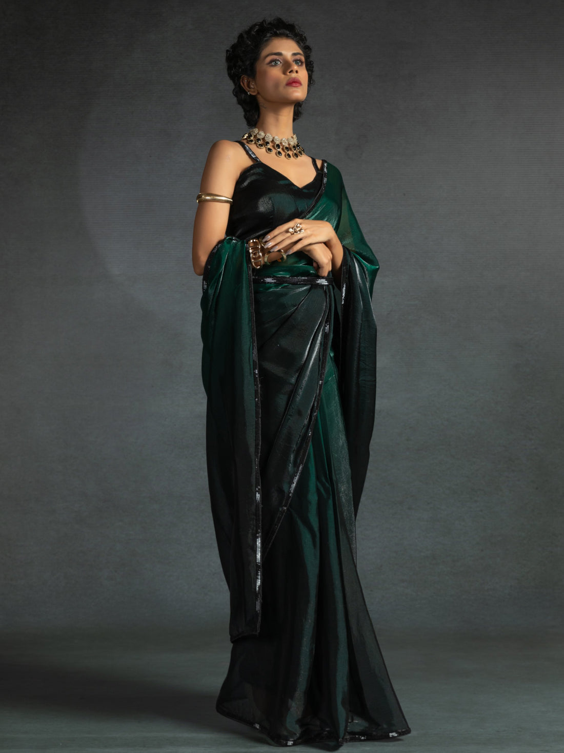 Charming Green Shaded Satin Designer Pre-Stitched Saree With Blouse