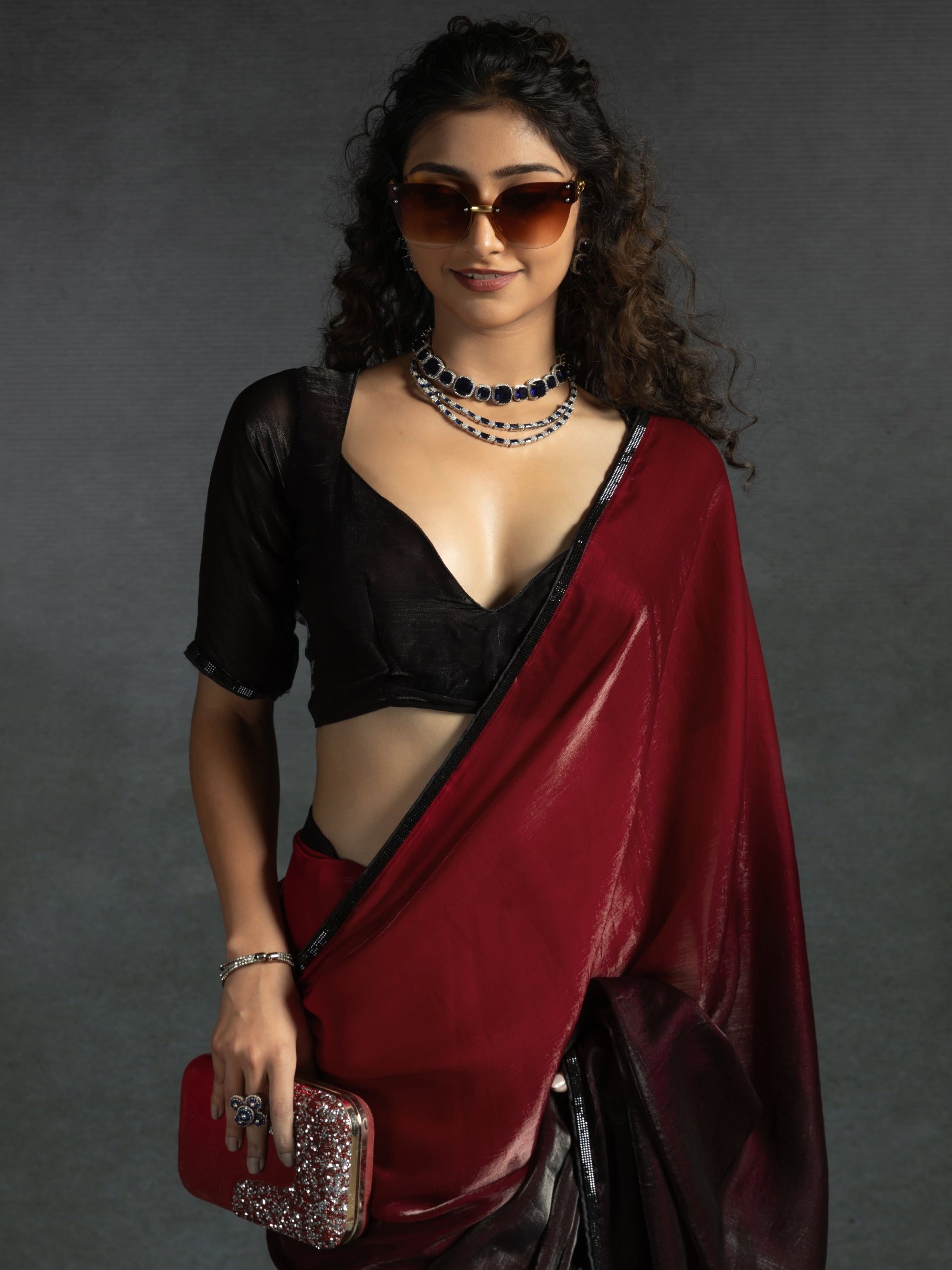 Lovely Maroon Border Work Satin Wedding Wear Pre-Stitched Saree