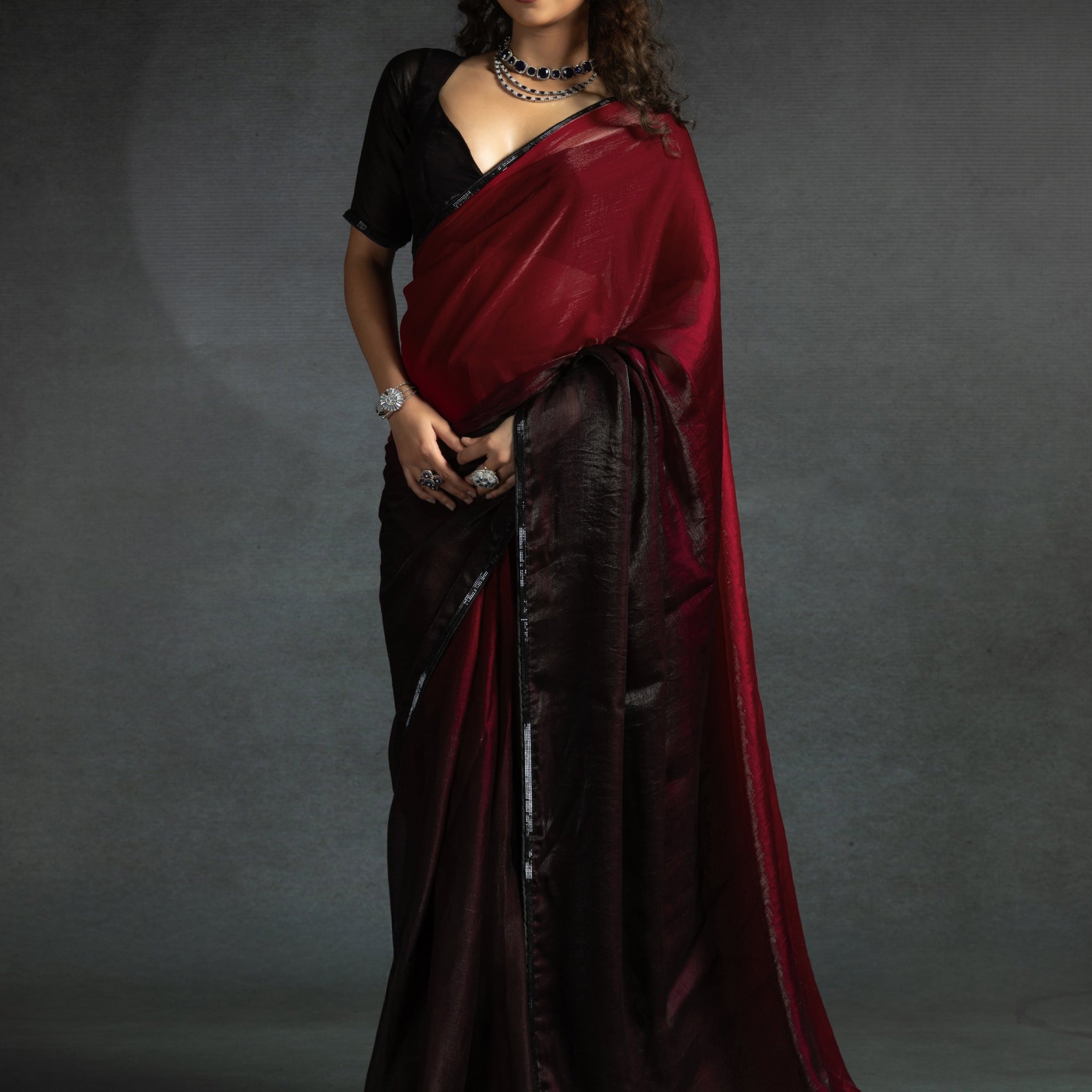 Lovely Maroon Border Work Satin Wedding Wear Pre-Stitched Saree