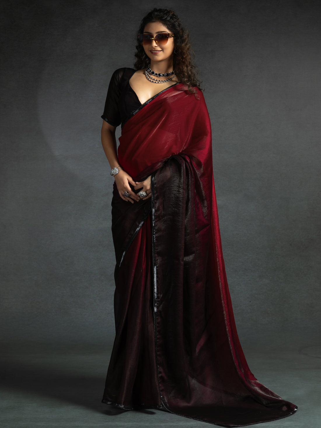 Lovely Maroon Border Work Satin Wedding Wear Pre-Stitched Saree