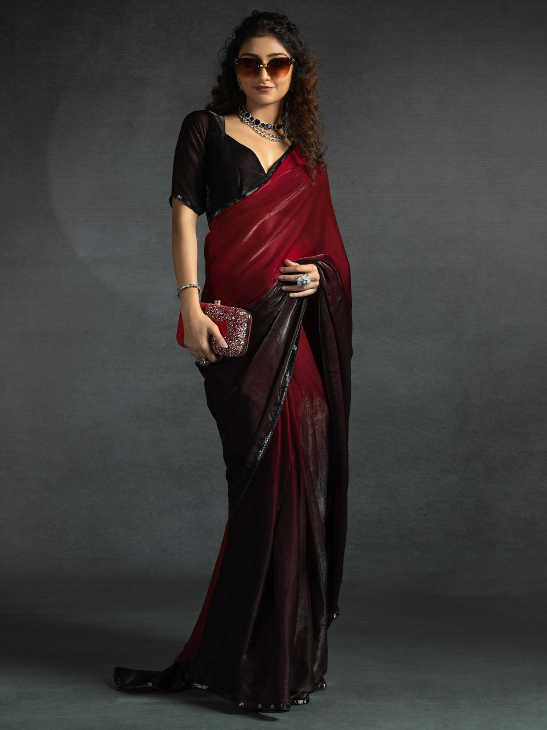 Lovely Maroon Border Work Satin Wedding Wear Pre-Stitched Saree