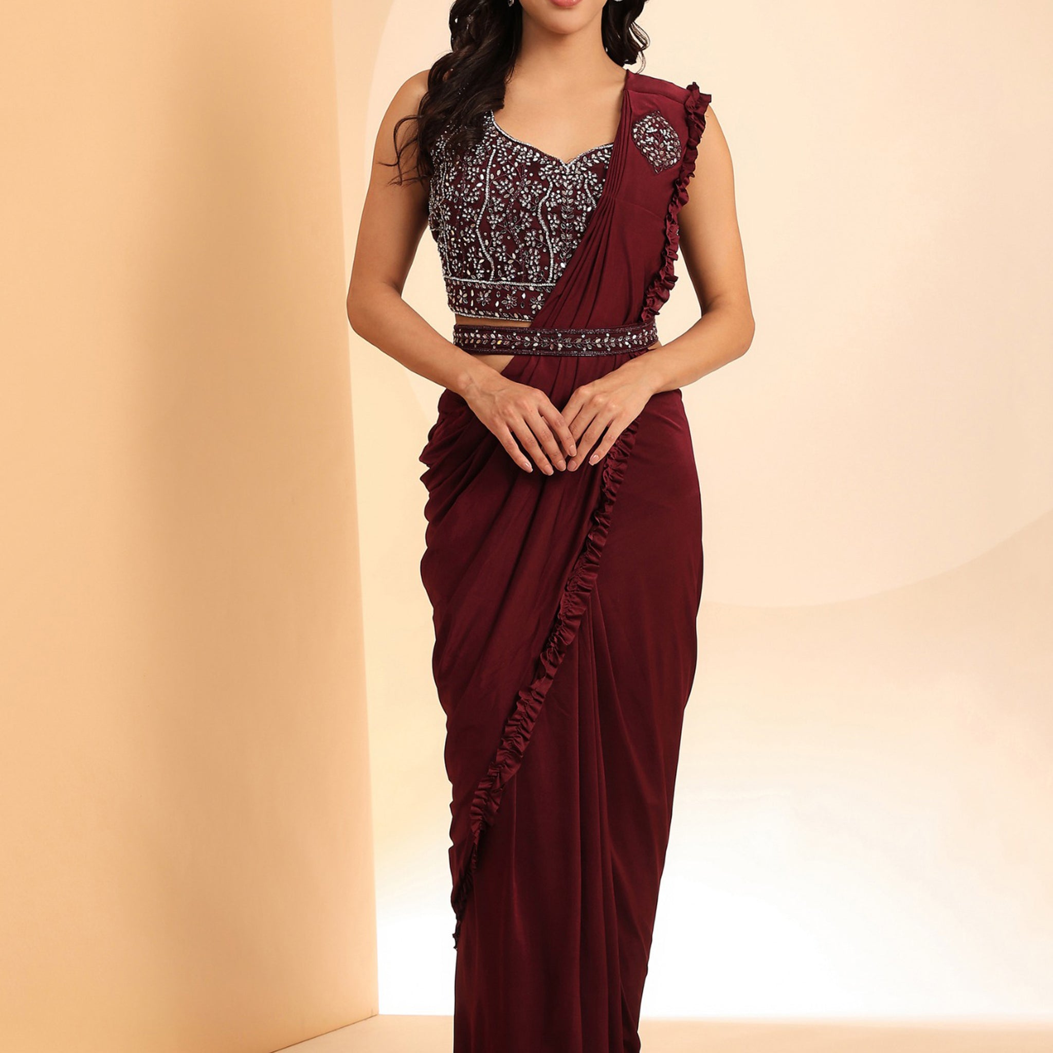 Bewitching Maroon Lycra Ready To Wear Saree With Mirror Work Blouse