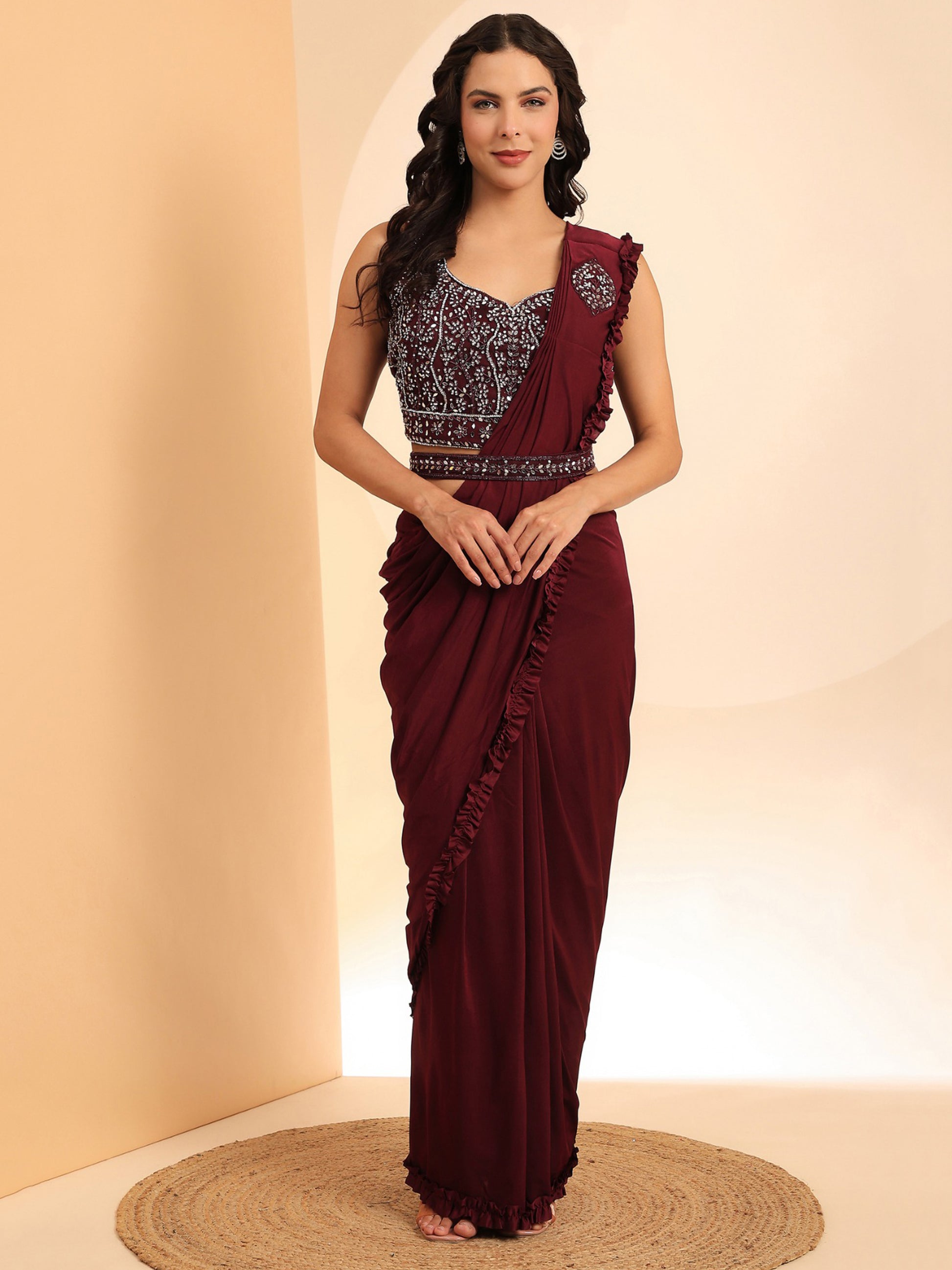 Bewitching Maroon Lycra Ready To Wear Saree With Mirror Work Blouse
