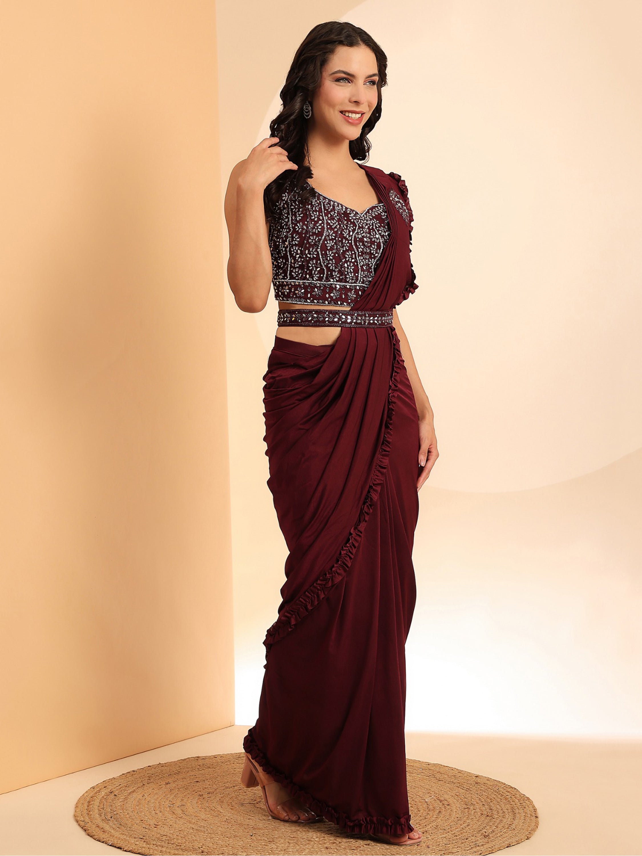 Shop Maroon Lycra Ready To Wear Saree Online At Zeel Clothing