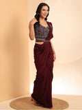 Bewitching Maroon Lycra Ready To Wear Saree With Mirror Work Blouse