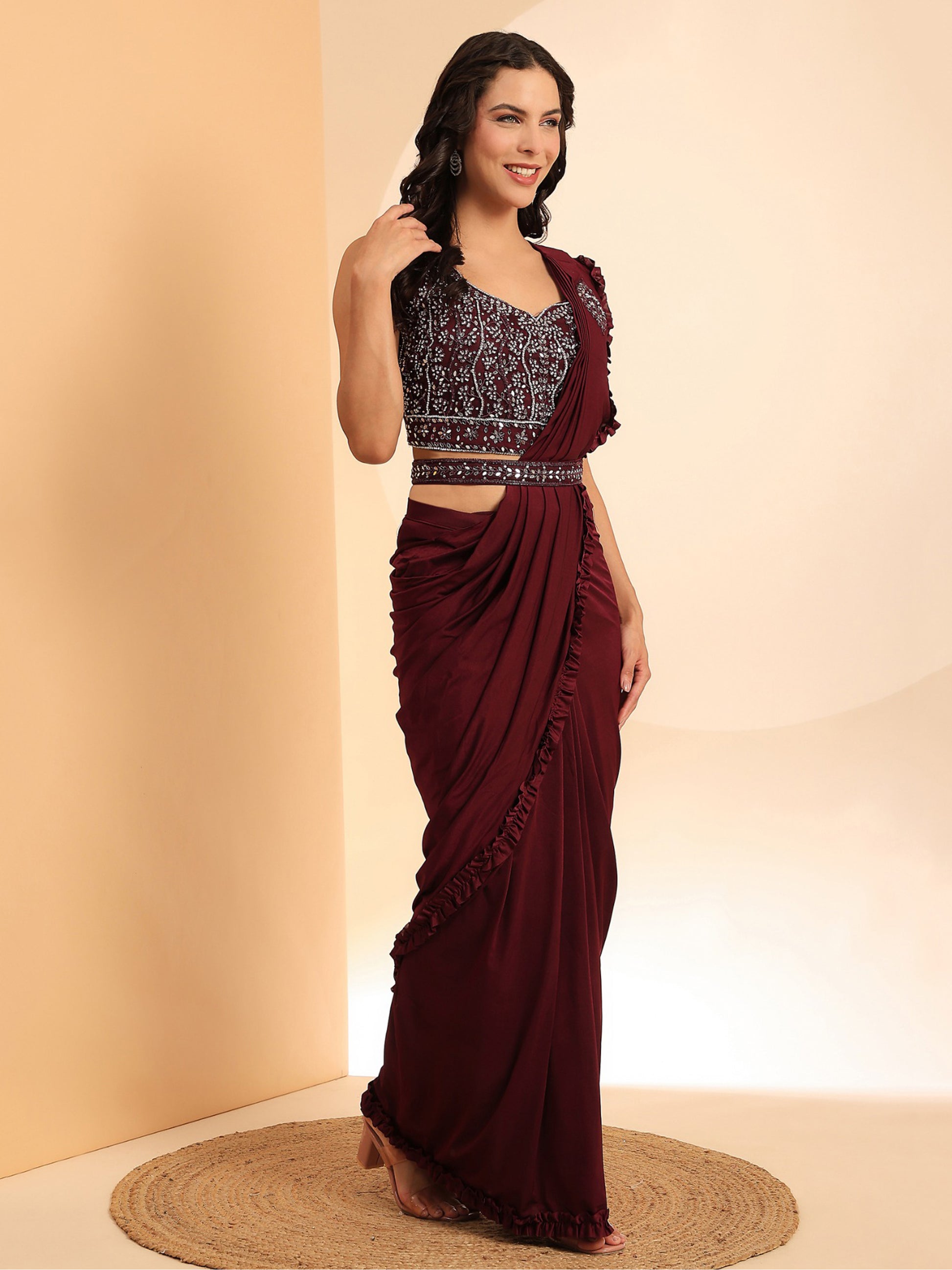 Bewitching Maroon Lycra Ready To Wear Saree With Mirror Work Blouse