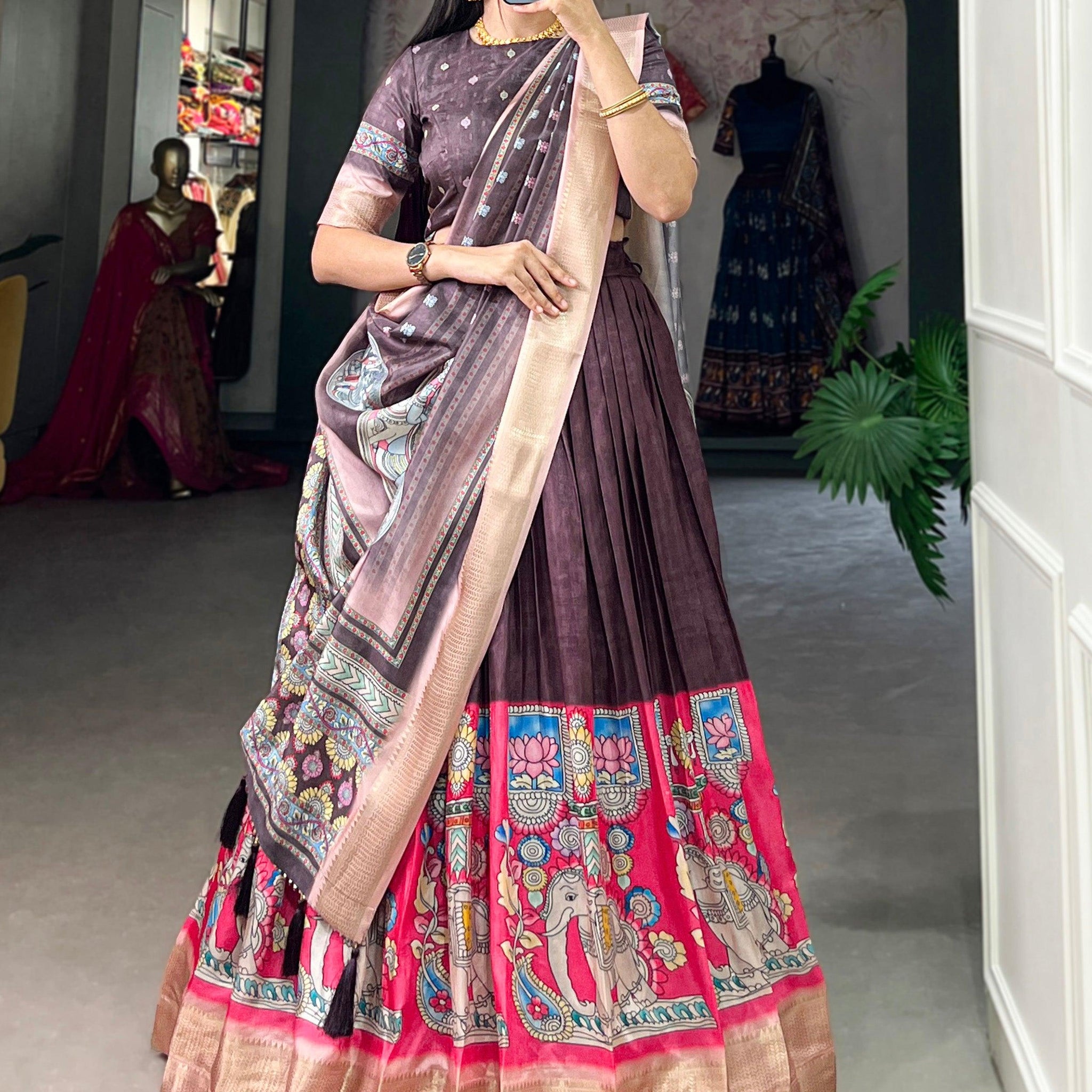 Marvelous Burgundy Kalamkari Printed Dola Silk Lehenga Choli