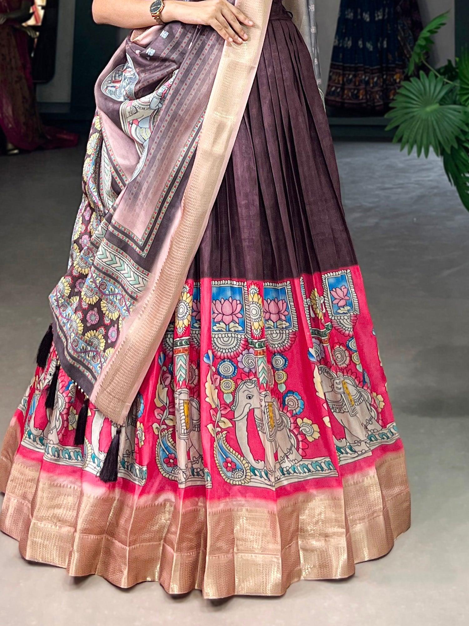Marvelous Burgundy Kalamkari Printed Dola Silk Lehenga Choli