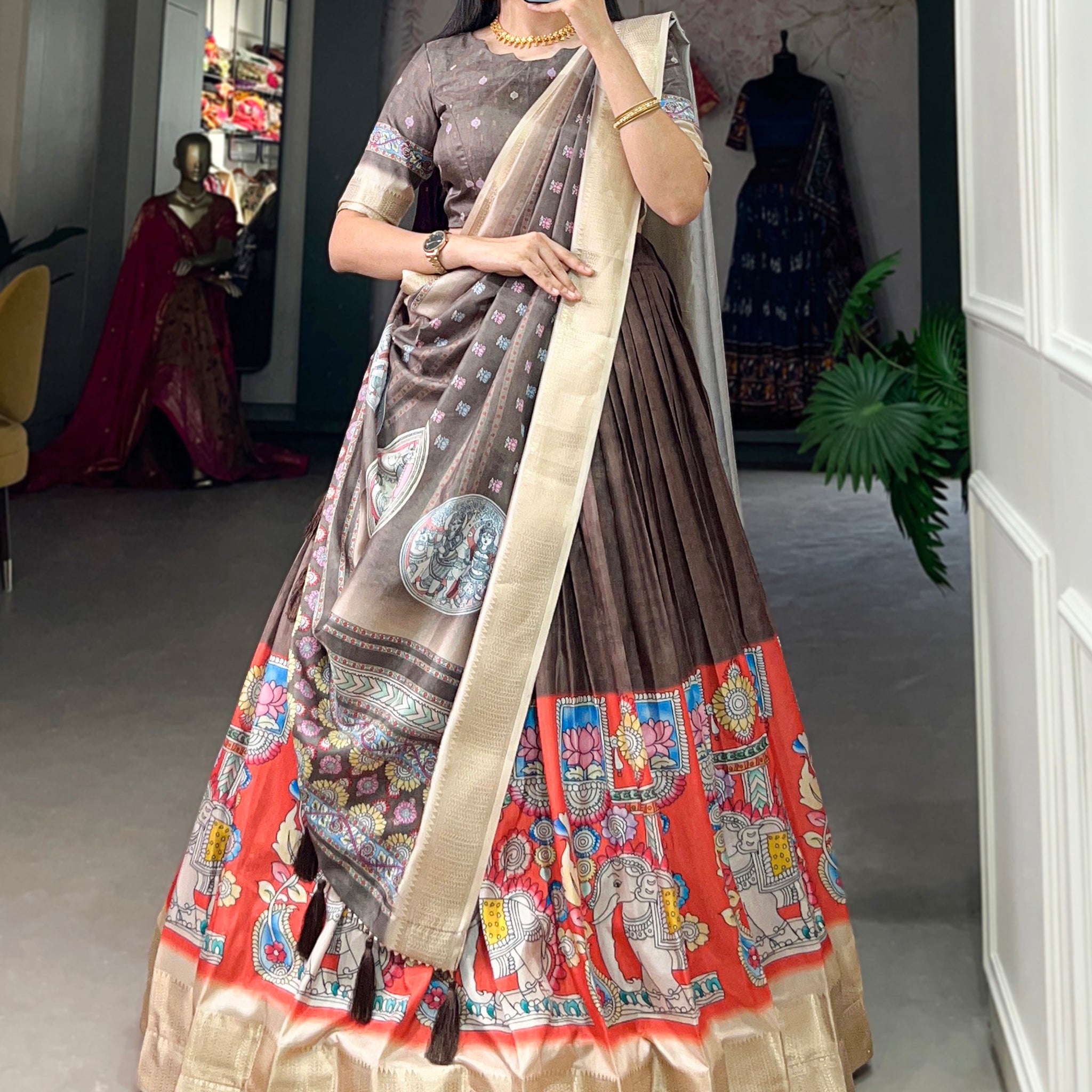 Amazing Brown Kalamkari Printed Dola Silk Navratri Lehenga Choli