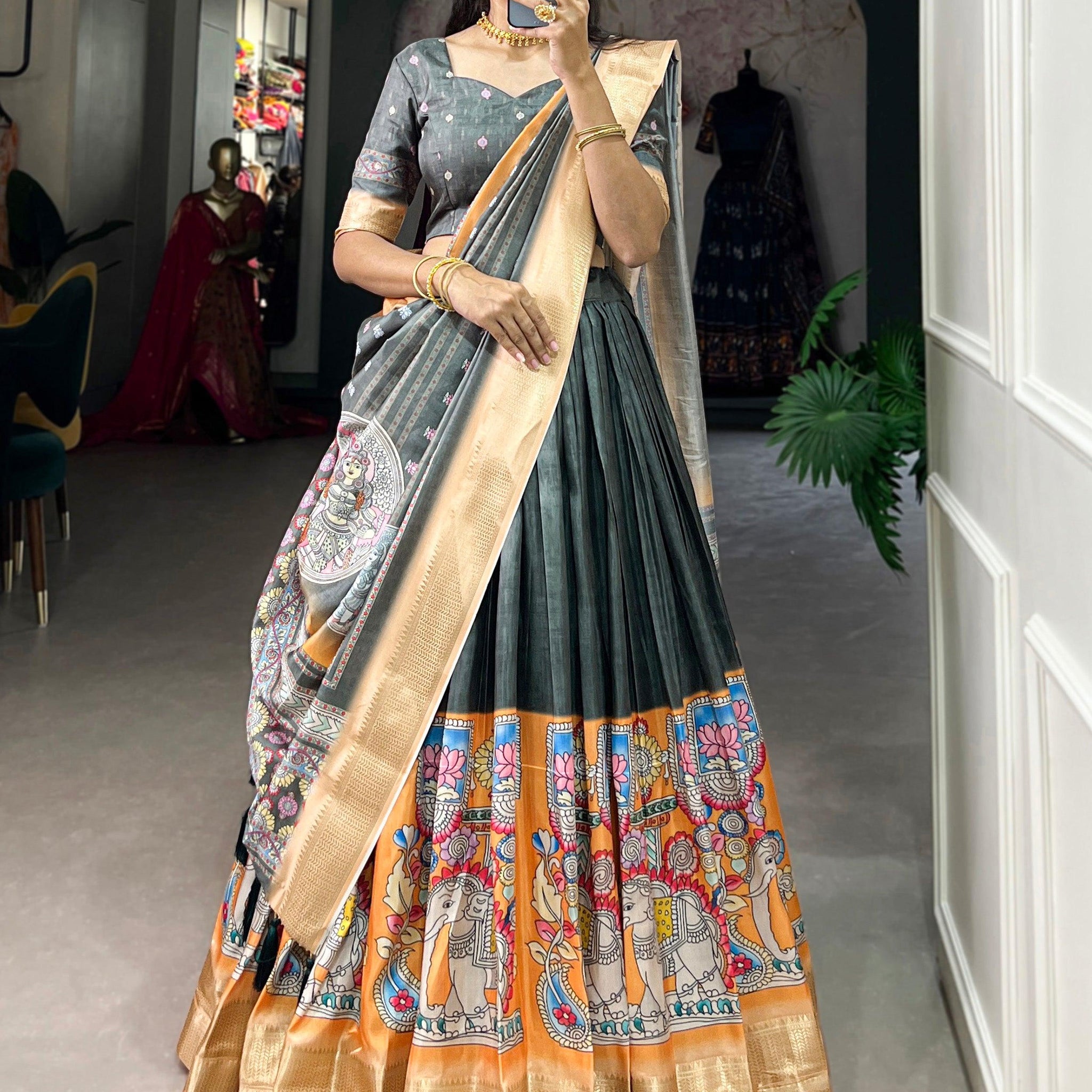 Lovely Sage Green Kalamkari Printed Dola Silk Traditional Lehenga Choli