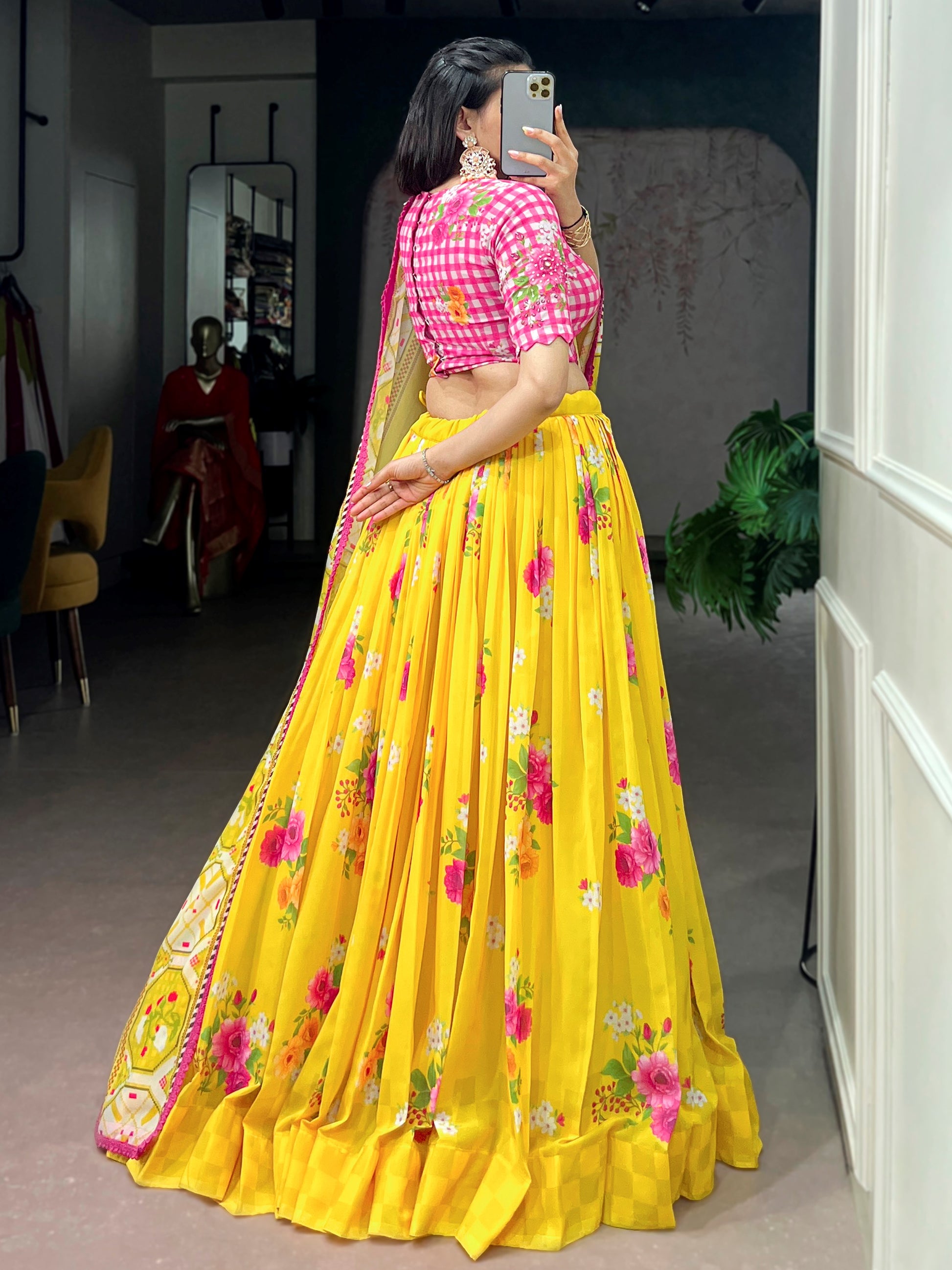 Adorable Yellow Floral Printed Georgette Festive Wear  Lehenga Choli With Dupatta