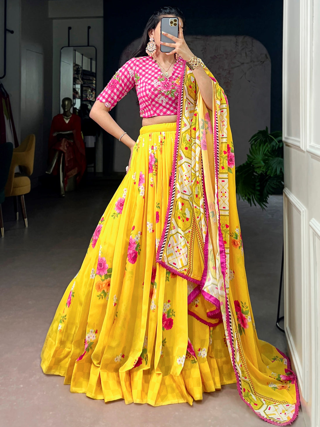 Adorable Yellow Floral Printed Georgette Festive Wear  Lehenga Choli With Dupatta