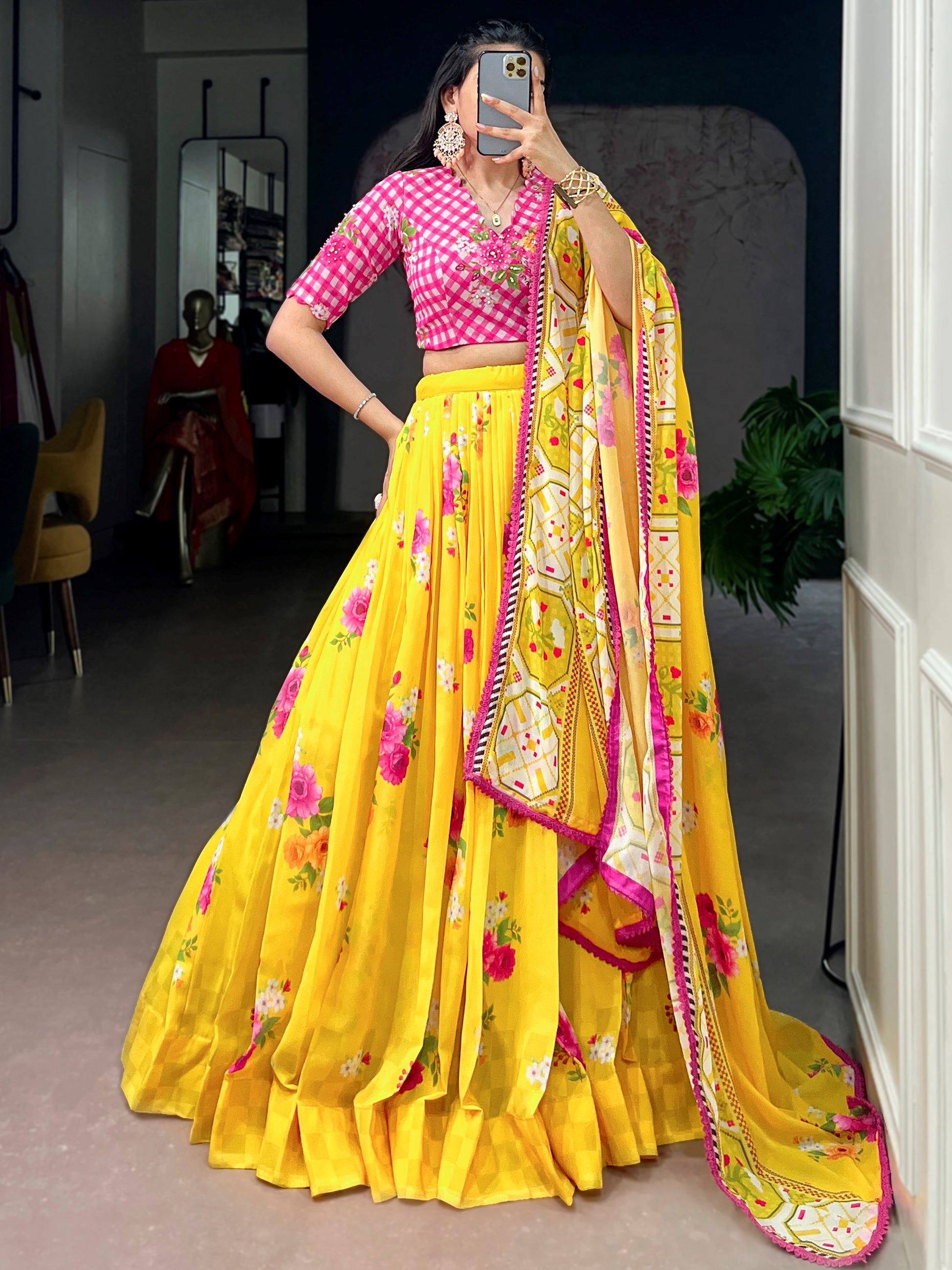 Adorable Yellow Floral Printed Georgette Festive Wear  Lehenga Choli With Dupatta