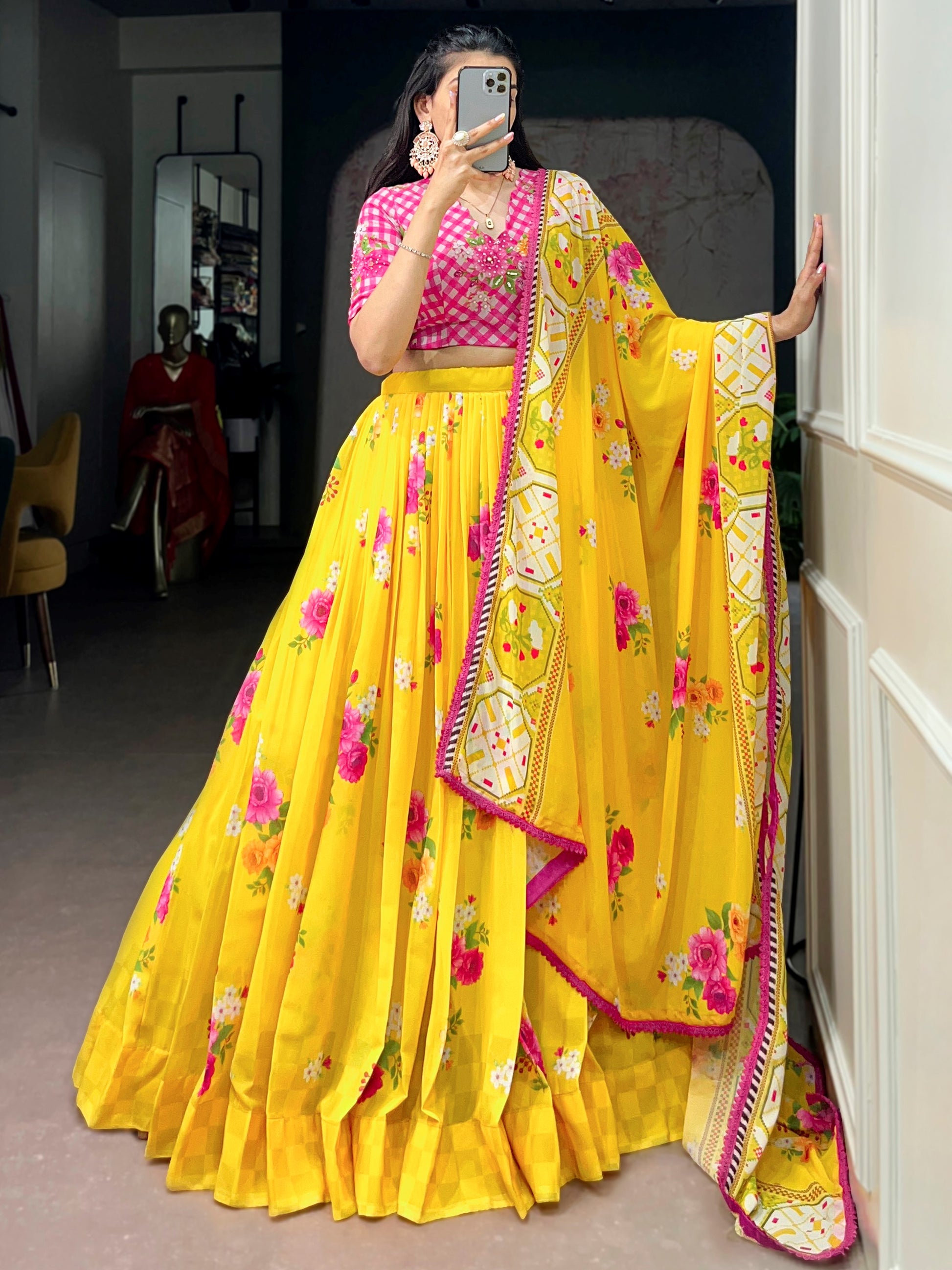 Adorable Yellow Floral Printed Georgette Festive Wear  Lehenga Choli With Dupatta