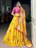 Adorable Yellow Floral Printed Georgette Festive Wear  Lehenga Choli With Dupatta