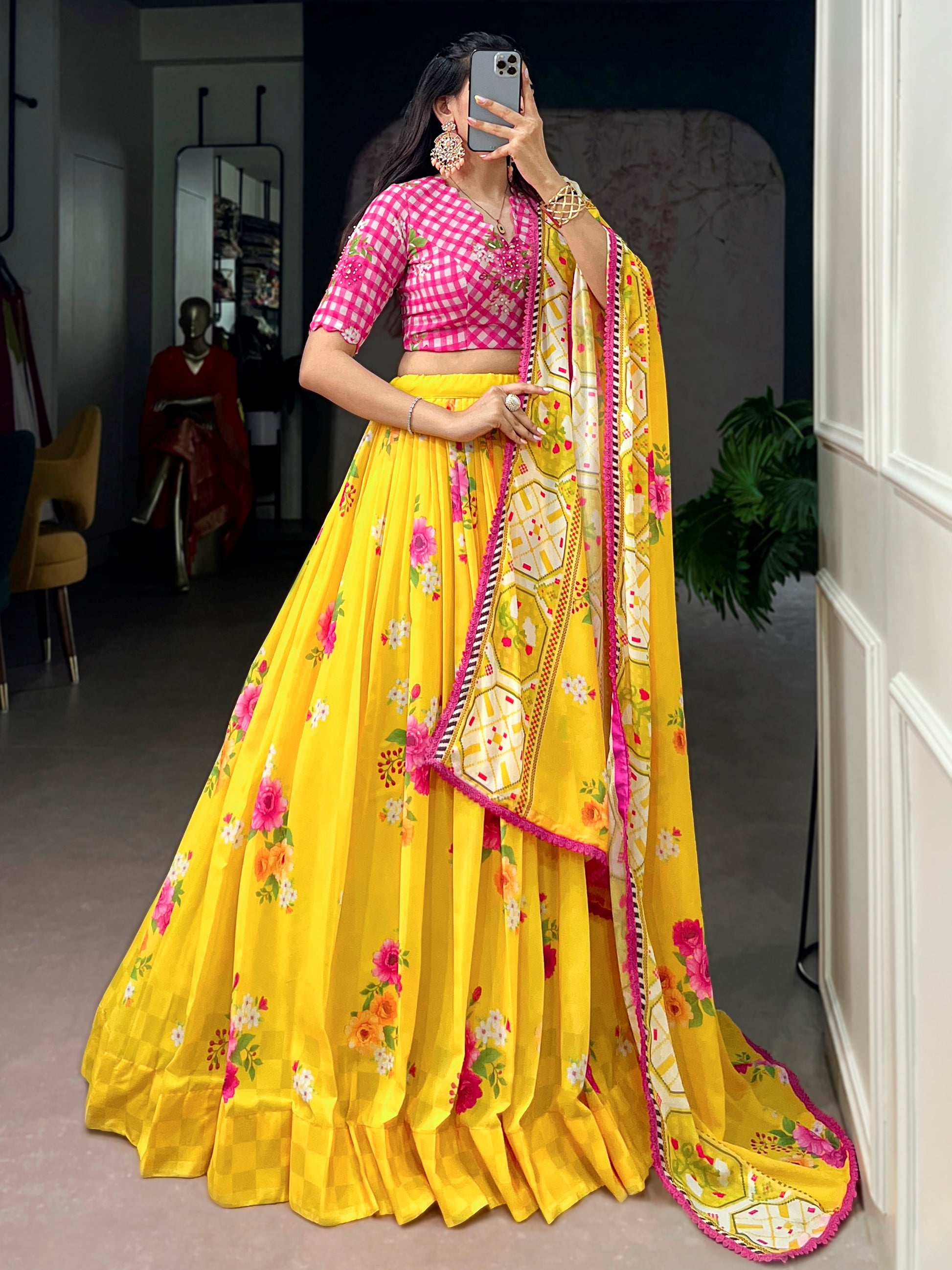 Adorable Yellow Floral Printed Georgette Festive Wear  Lehenga Choli With Dupatta