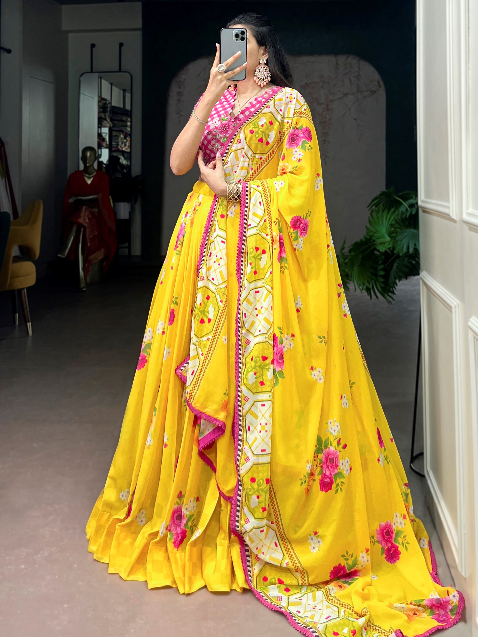 Adorable Yellow Floral Printed Georgette Festive Wear  Lehenga Choli With Dupatta