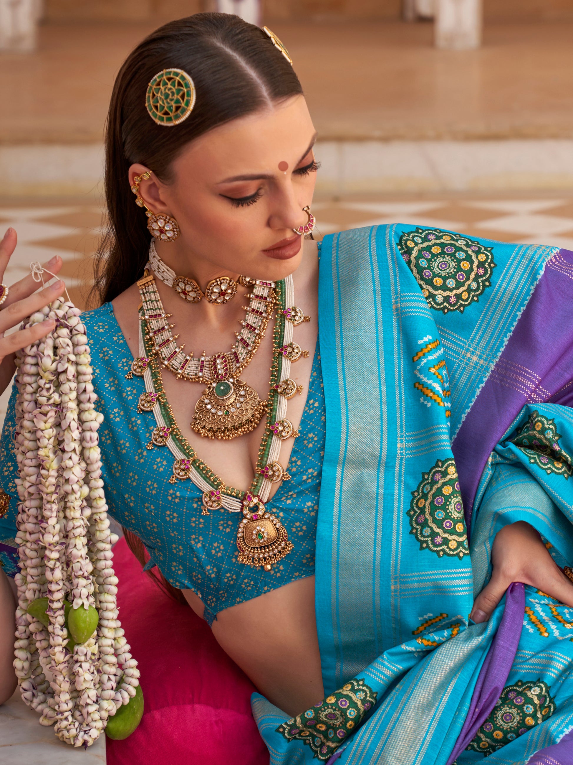 Stunning Sky Blue Patola Printed Silk Festival Wear Saree With Blouse