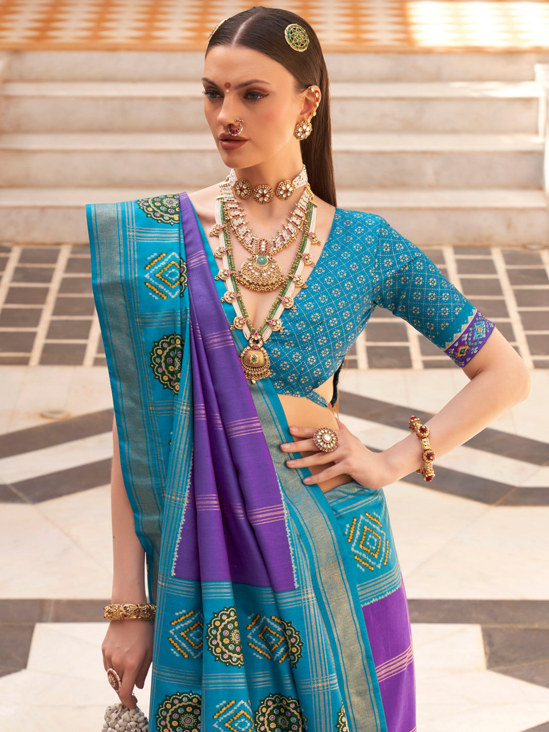 Stunning Sky Blue Patola Printed Silk Festival Wear Saree With Blouse