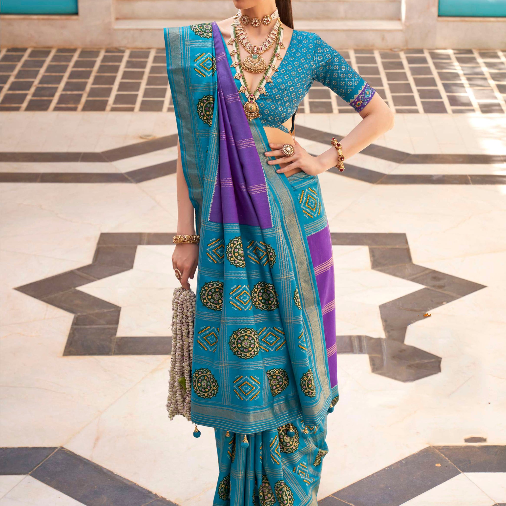 Stunning Sky Blue Patola Printed Silk Festival Wear Saree With Blouse