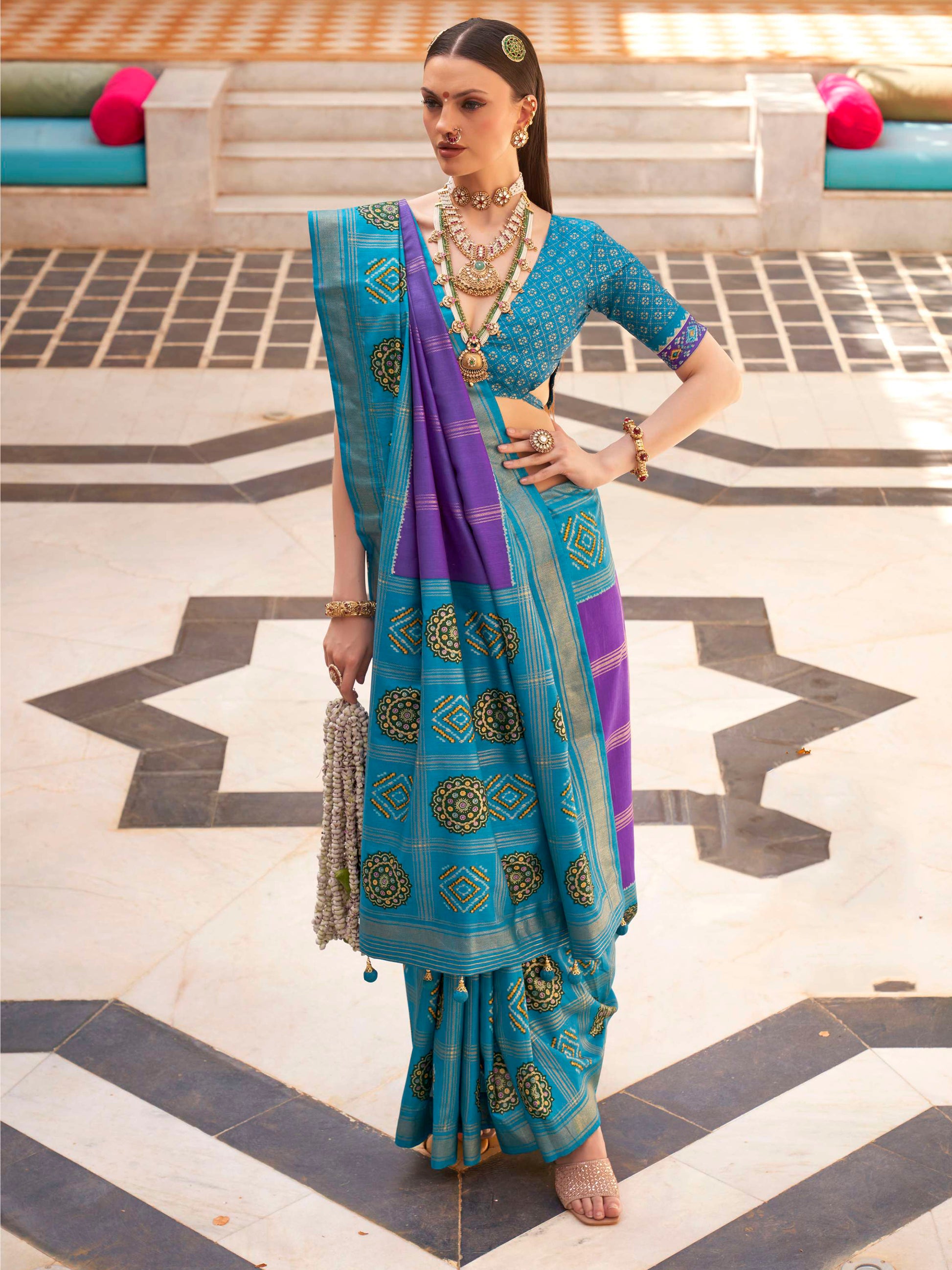 Stunning Sky Blue Patola Printed Silk Festival Wear Saree With Blouse