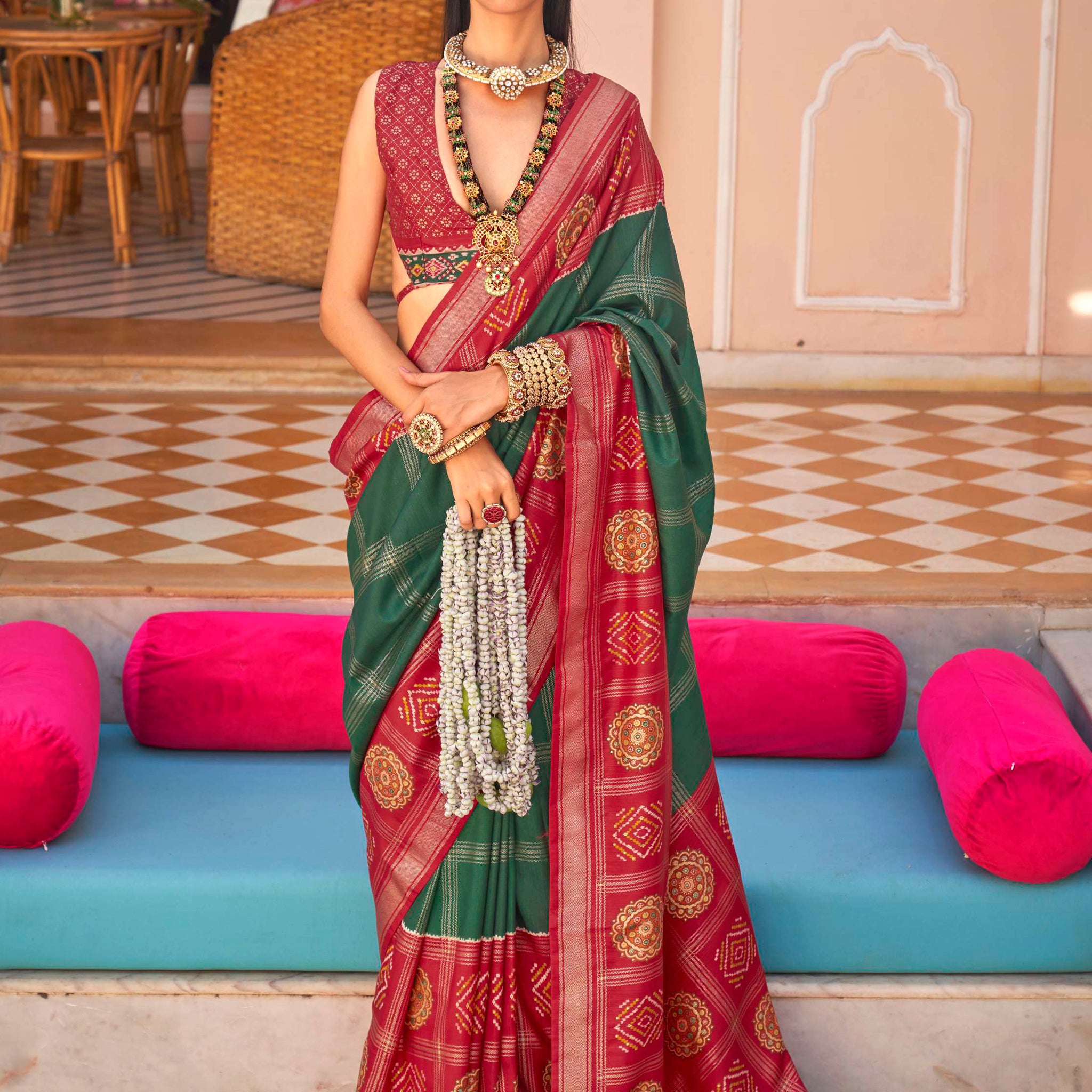 Astonishing Green Patola Printed Silk Saree With Blouse