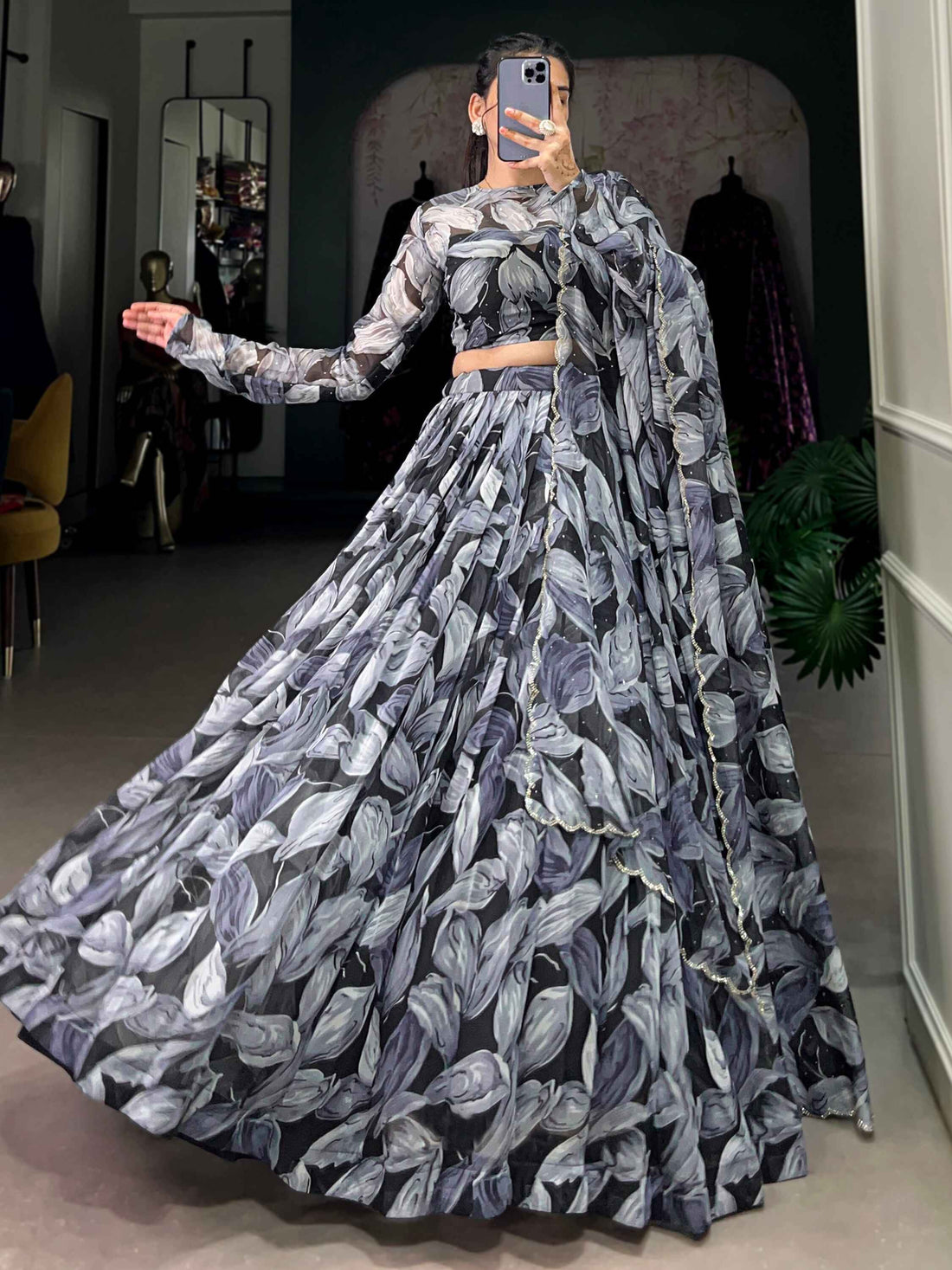 Adorable Black Digital Printed Silk Party Wear Lehenga Choli With Dupatta