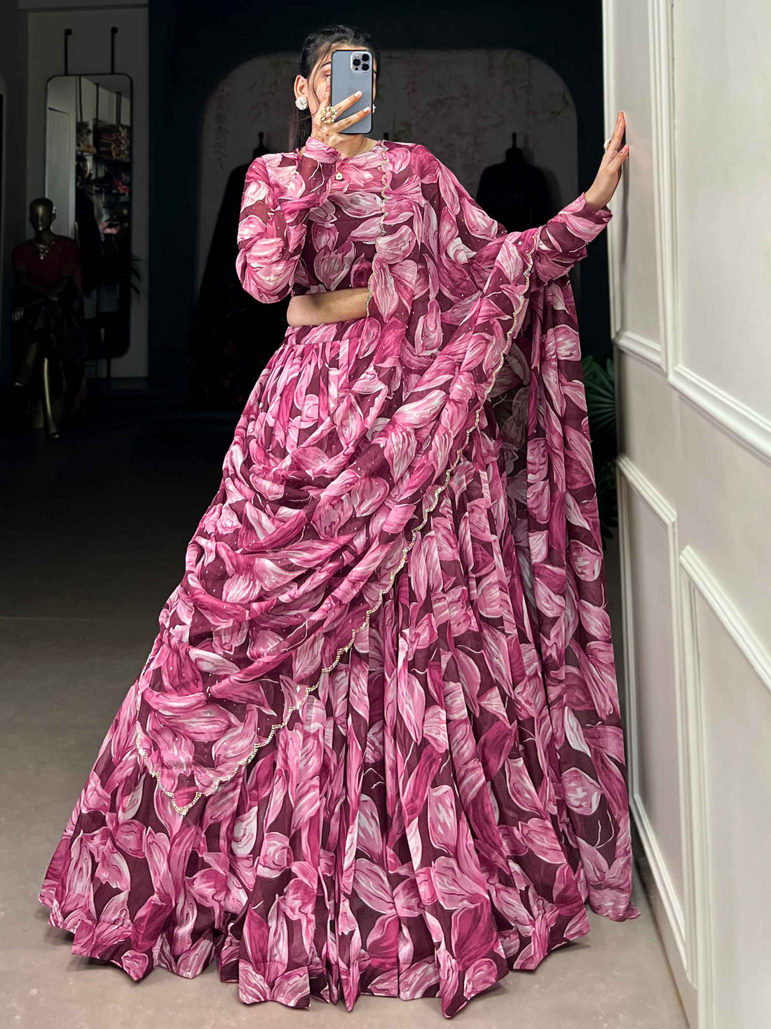 Wondrous Wine Digital Printed Silk Festival Wear Lehenga Choli