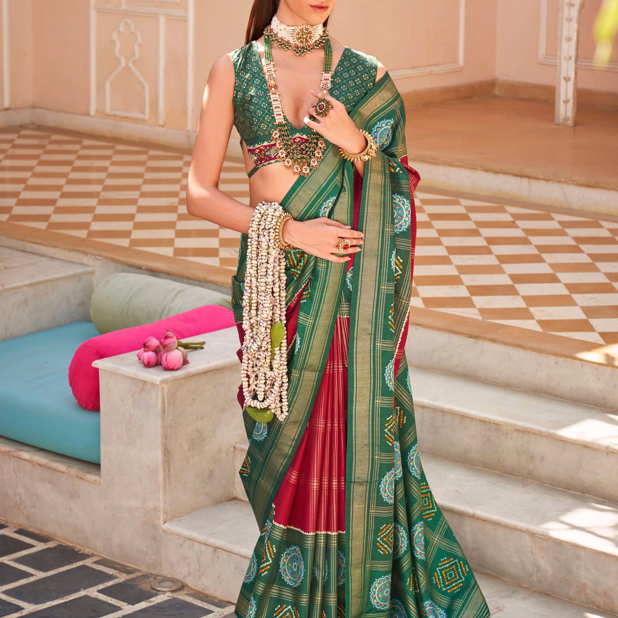 Astonishing Red Patola Printed Silk Event Wear Saree With Blouse