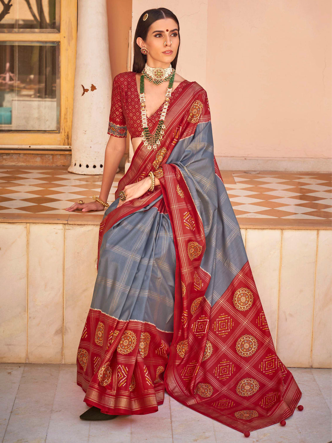 Excellent Grey Patola Printed Silk Casual Wear Saree With Blouse