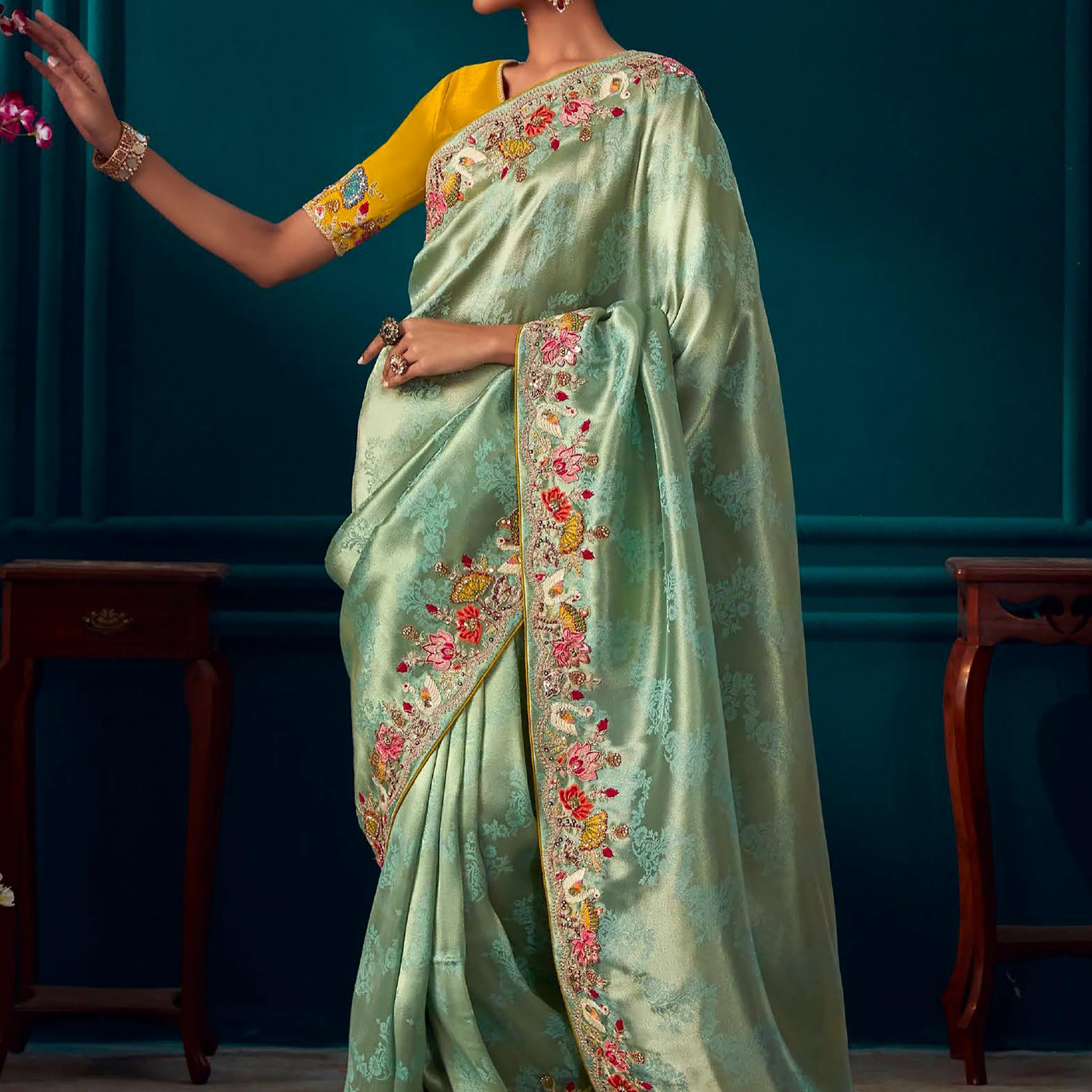 Marvelous Mint Green Embroidered Kanjivaram Silk Designer Saree
