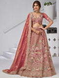 Sensational Pink Thread Work Organza Bridal Lehenga Choli With Dupatta
