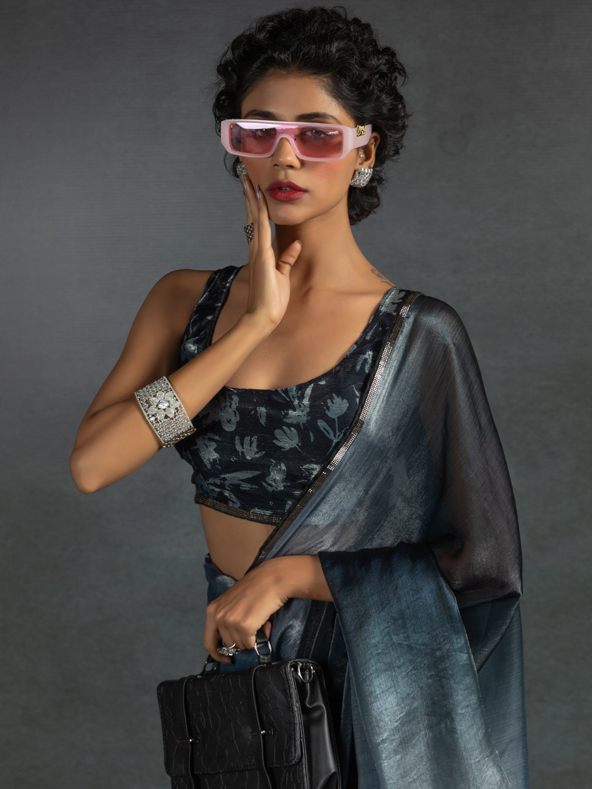 Fantastic Dusty Blue Satin Party Wear Pre-Stitched Saree With Blouse