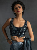 Fantastic Dusty Blue Satin Party Wear Pre-Stitched Saree With Blouse