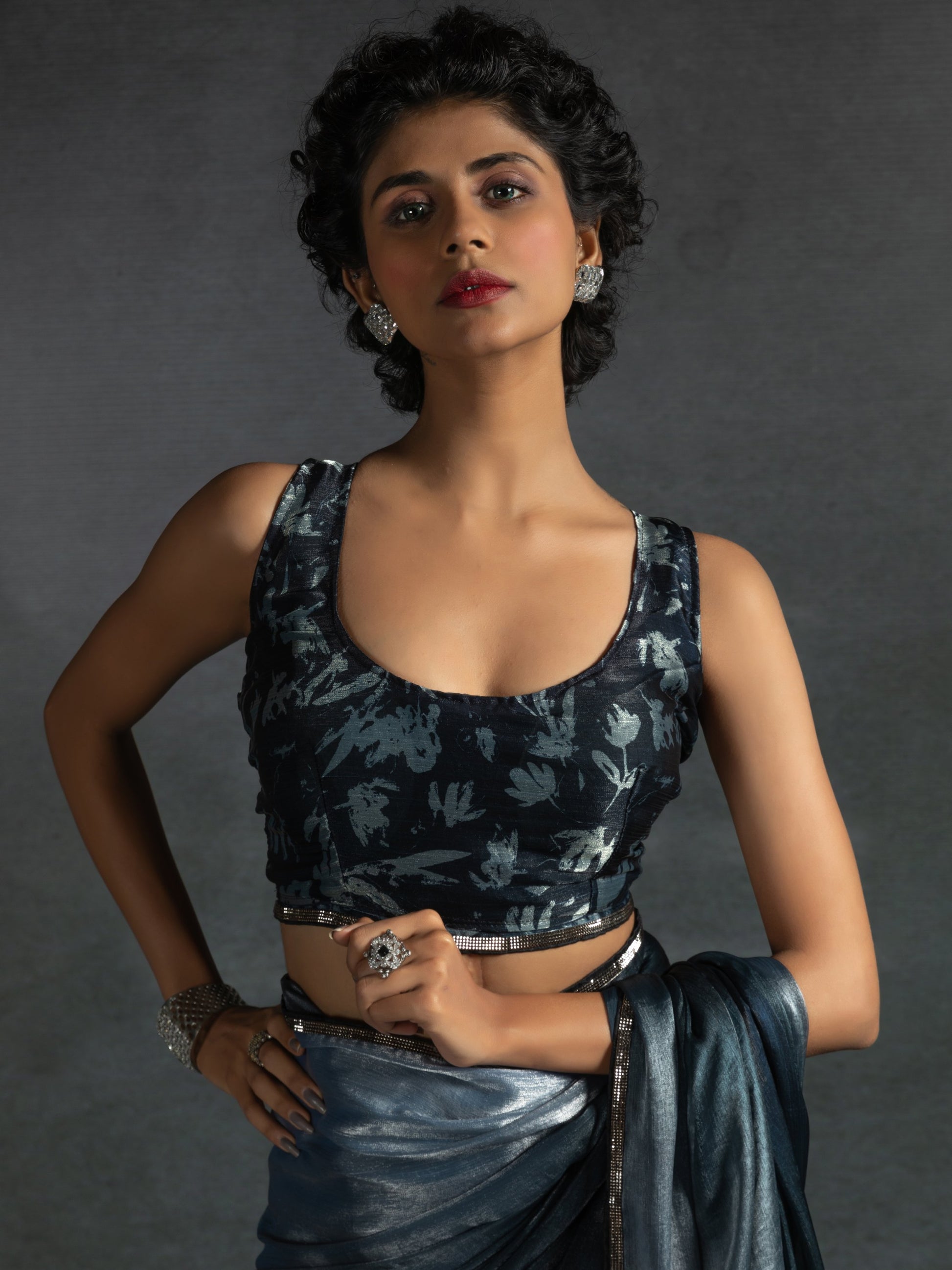 Fantastic Dusty Blue Satin Party Wear Pre-Stitched Saree With Blouse