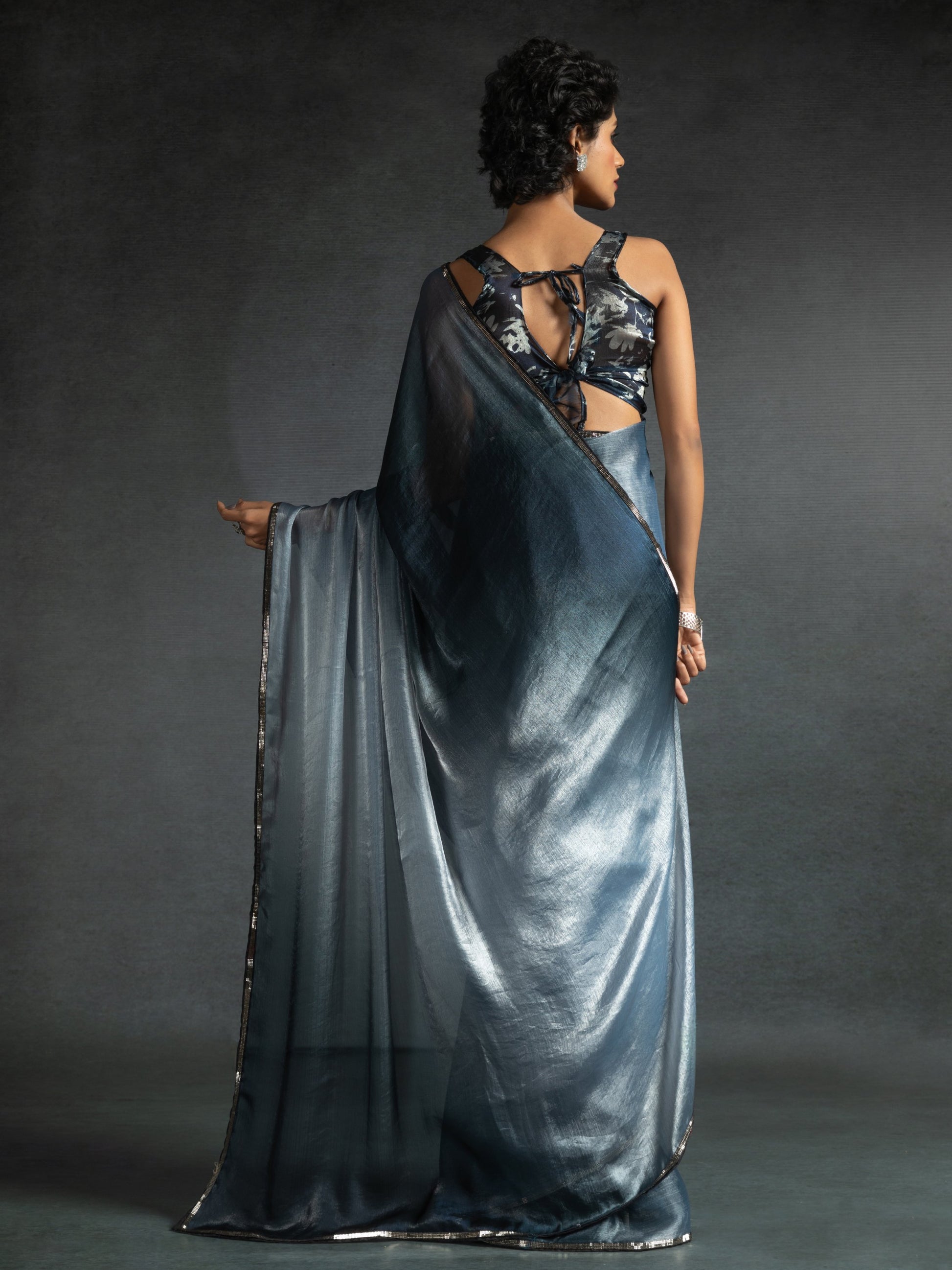 Fantastic Dusty Blue Satin Party Wear Pre-Stitched Saree With Blouse
