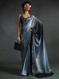 Fantastic Dusty Blue Satin Party Wear Pre-Stitched Saree With Blouse