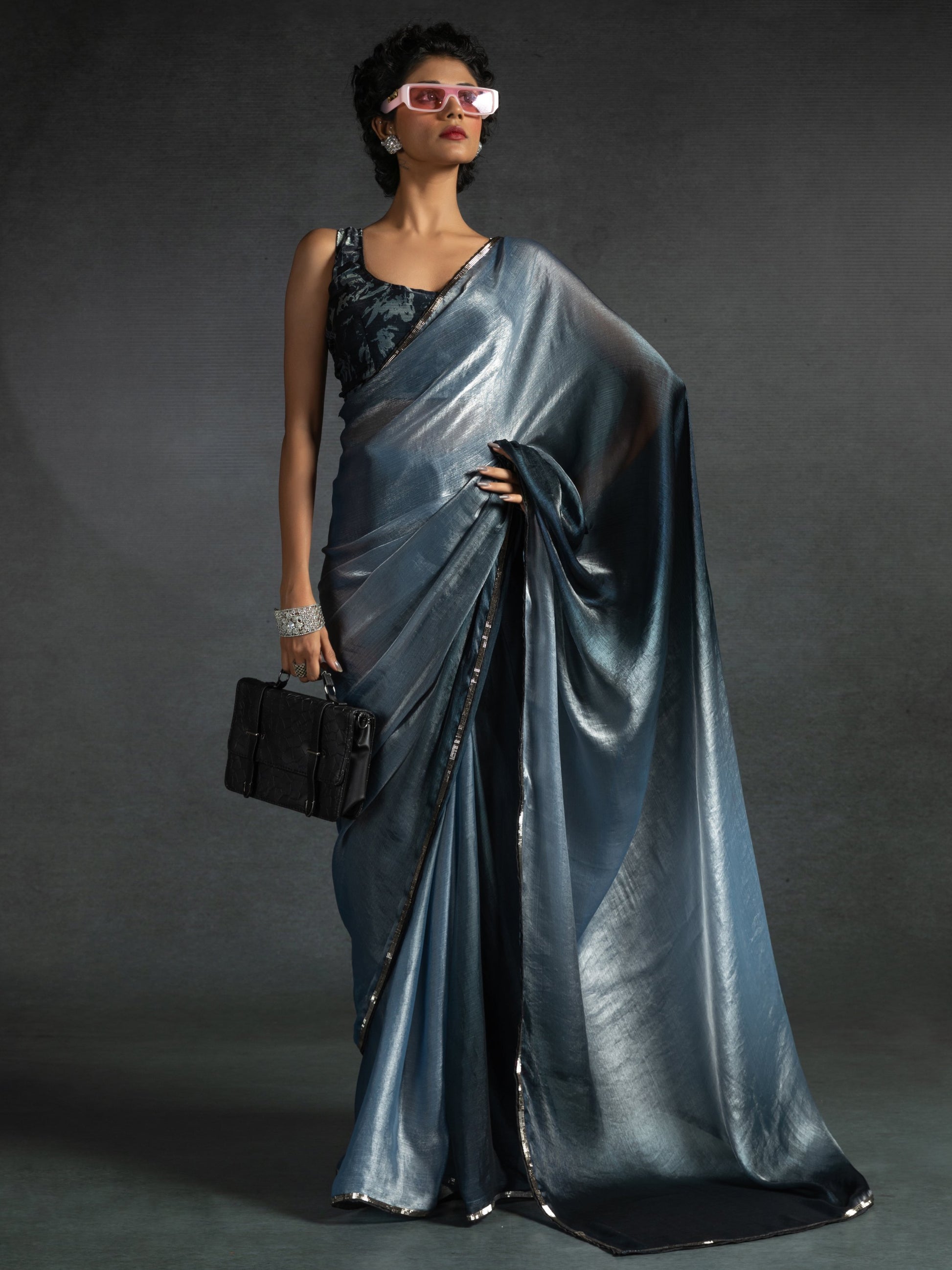 Fantastic Dusty Blue Satin Party Wear Pre-Stitched Saree With Blouse